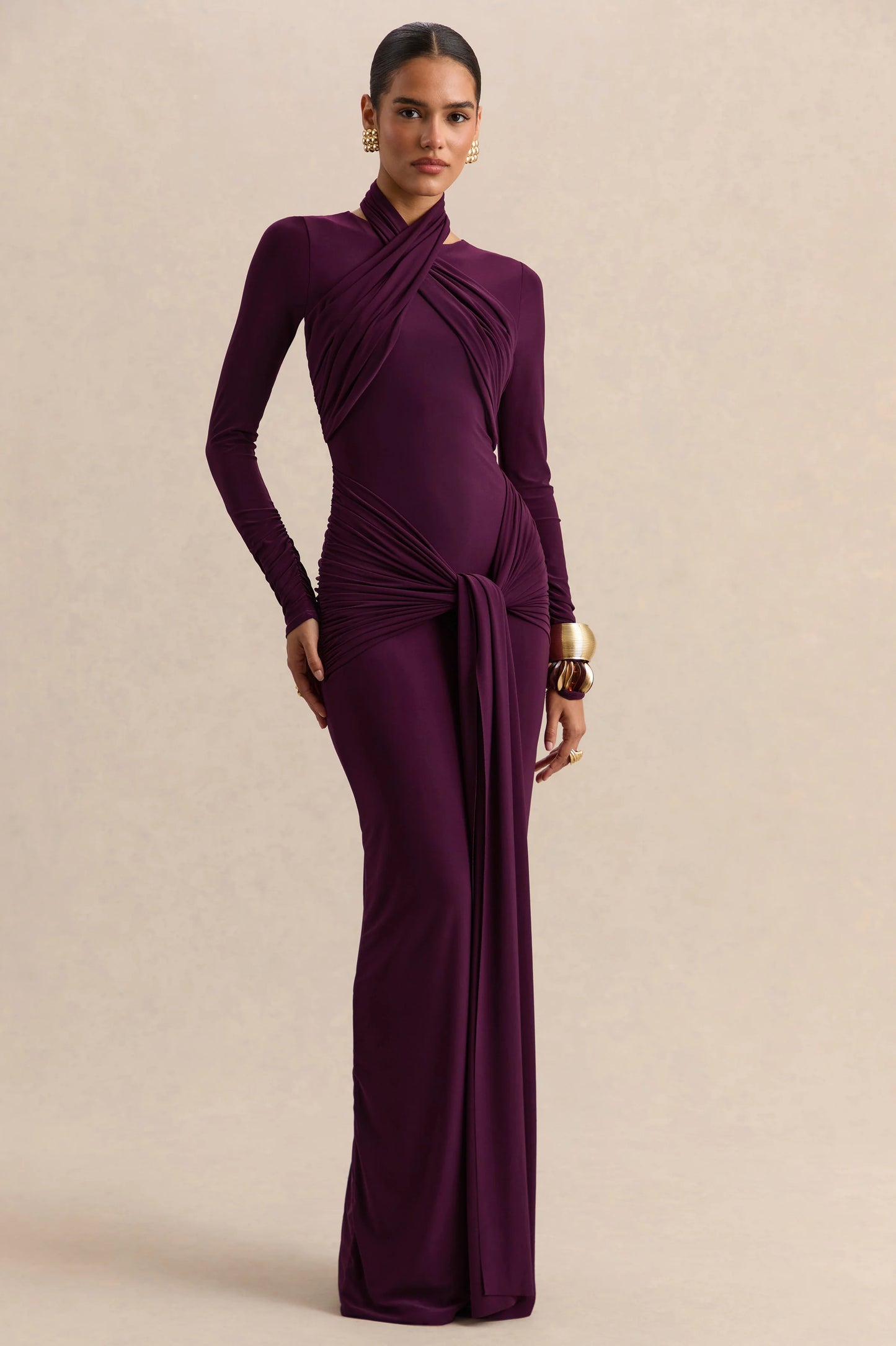 Linessa Dark Plum High-Neck Maxi Dress With Sash And Gathered-Detailing