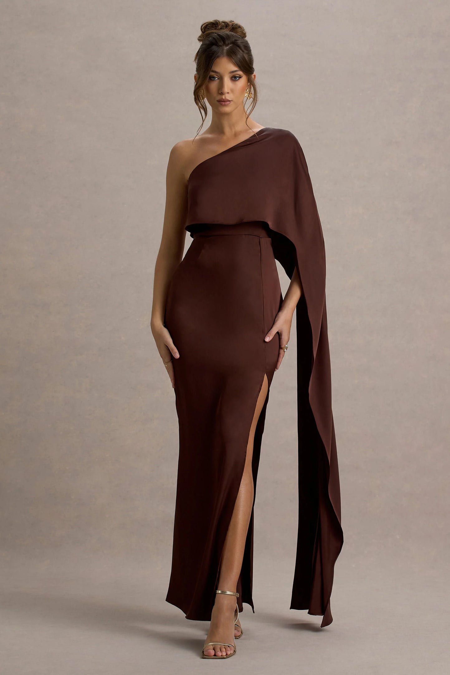 Amora Brown Satin Asymmetric Cape-Sleeve Split Maxi Dress