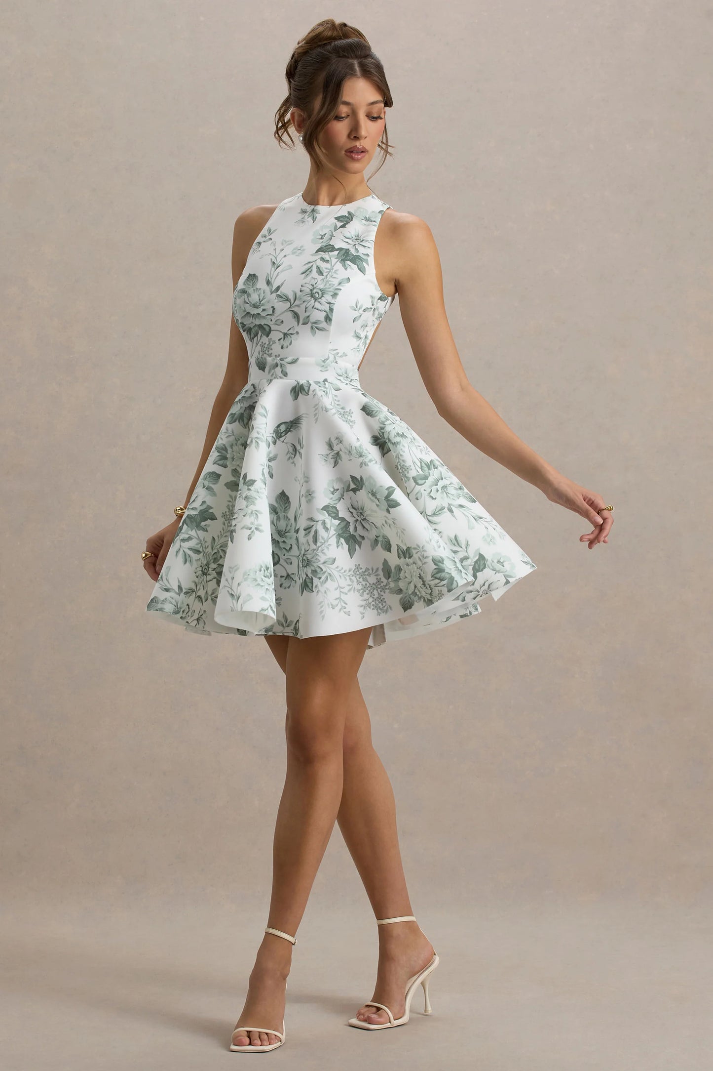 Waverly Green Porcelain Print Racer-Neck Sleeveless Skater Mini Dress