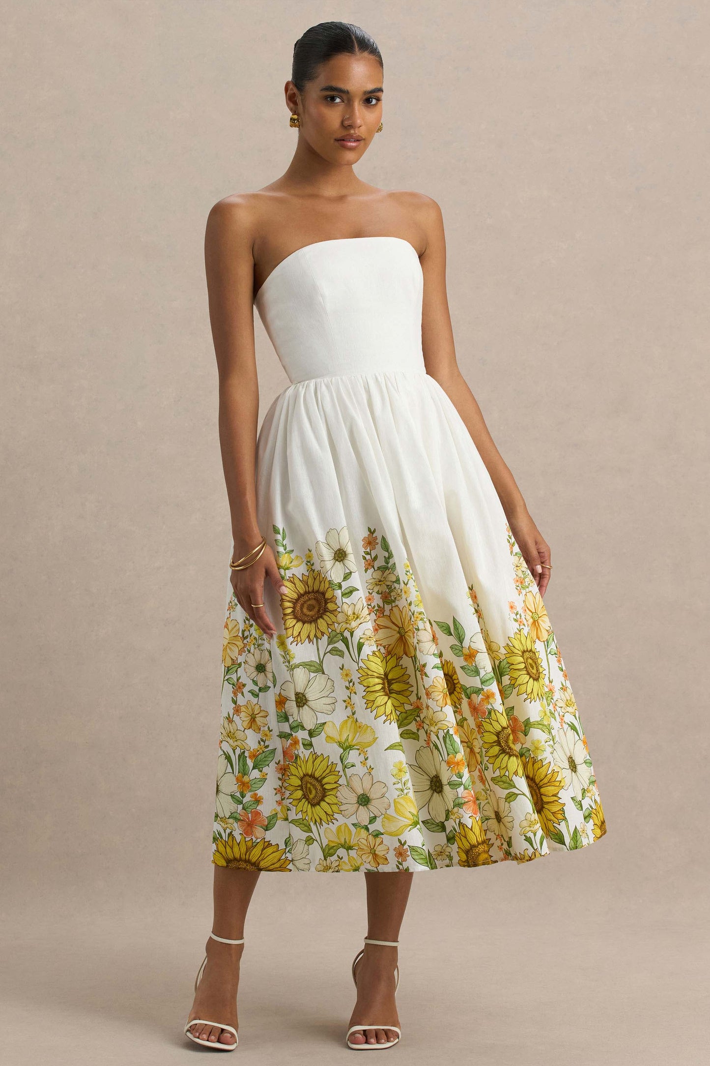 Ivory Sunflower Print Bandeau High-Low Midi Dress