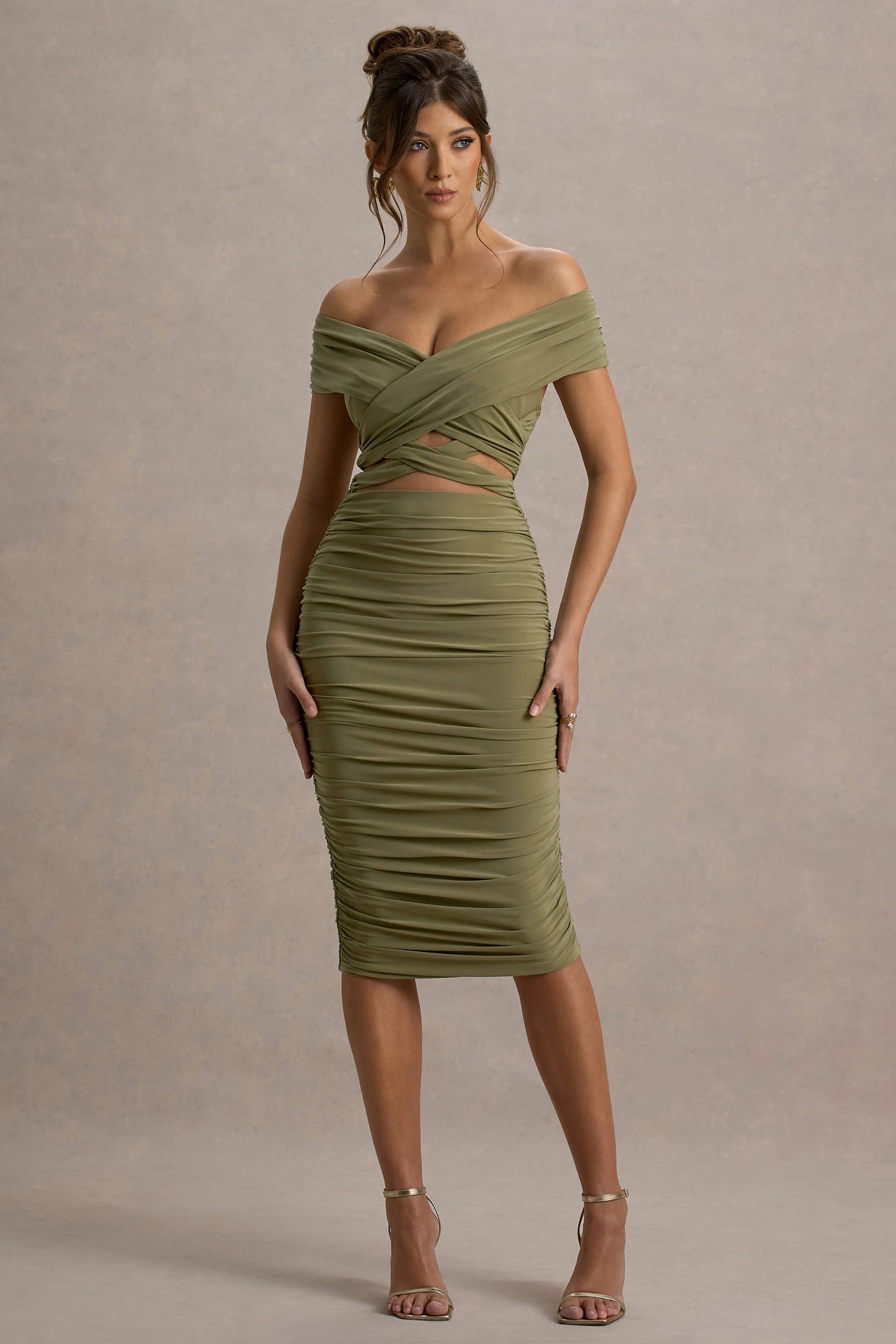 Clovette Olive Ruched Bardot Cut-Out Midi Dress