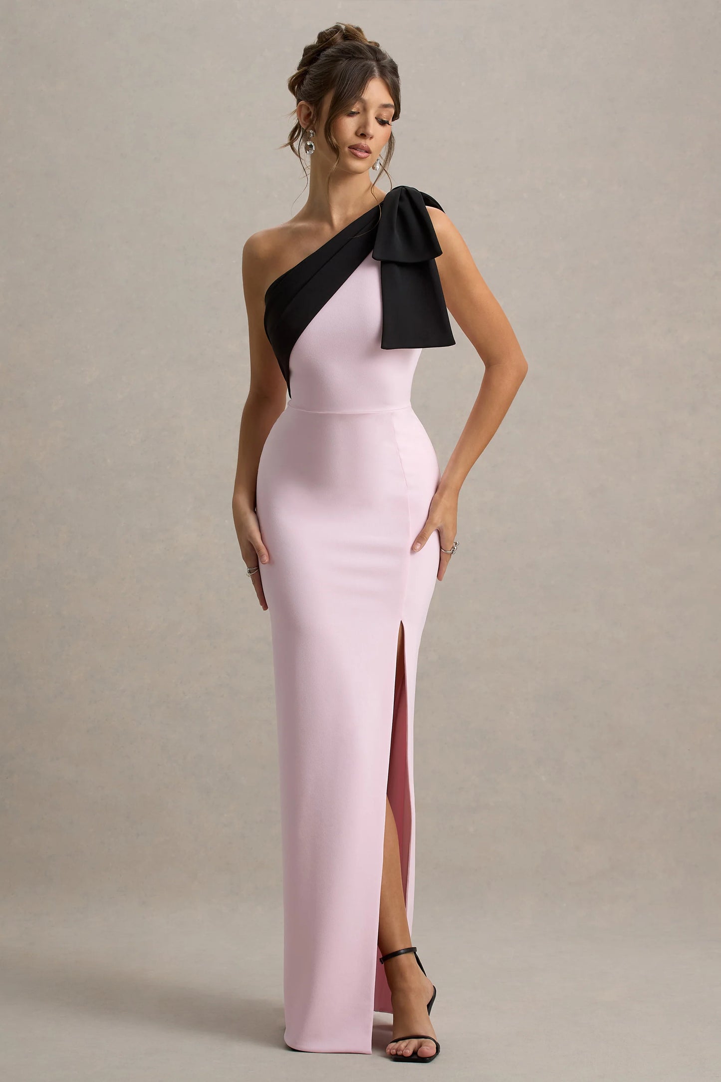Kiri Pink & Black One-Shoulder Bow Maxi Dress