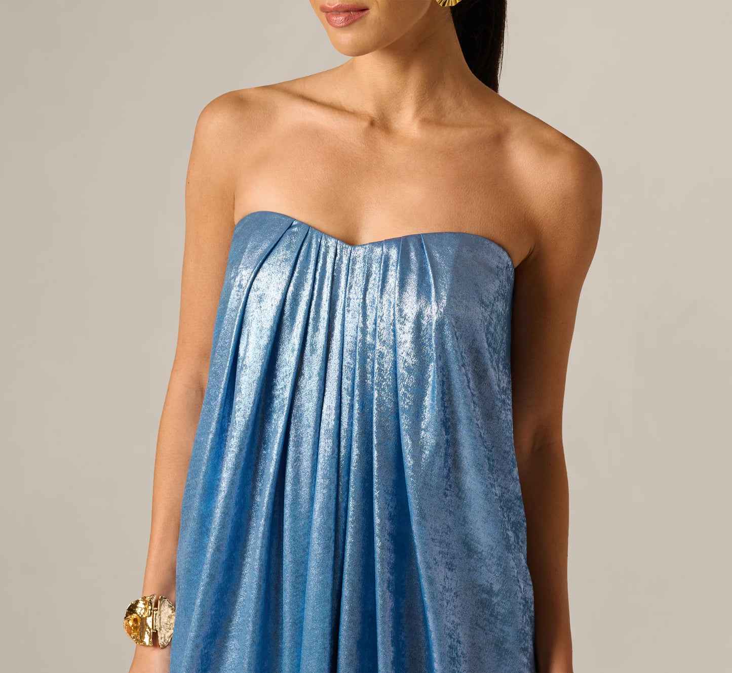 Strapless Foil Chiffon Trapeze Gown In Azure Blue