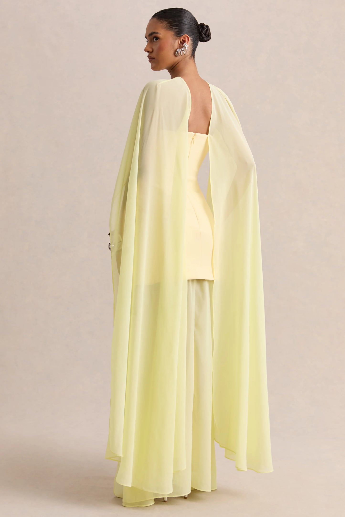 Chessa Lemon Boat-Neck Maxi Dress With Sheer Cape