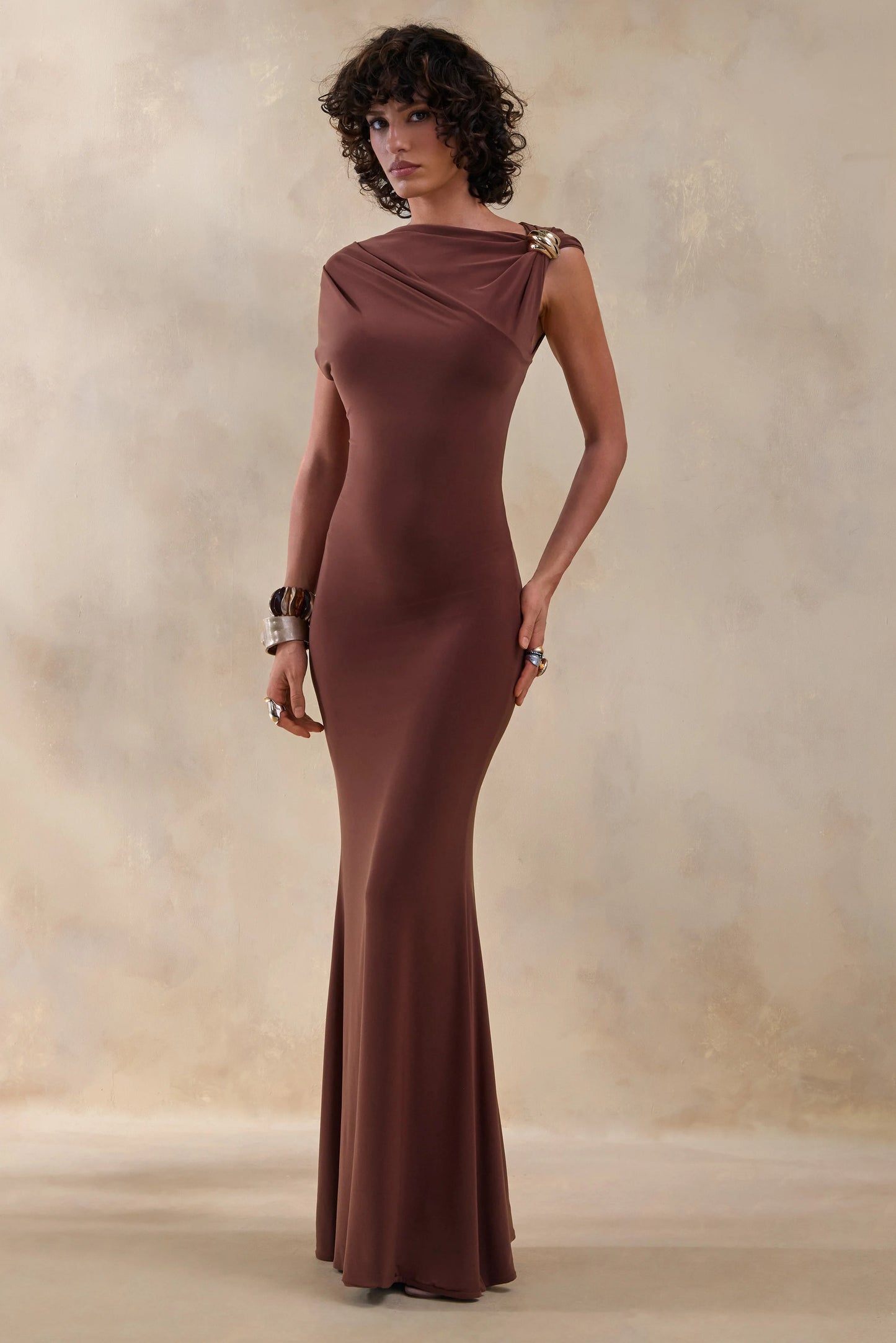 Blaire Brown Asymmetric-Neck Maxi Dress With Gold-Detailing