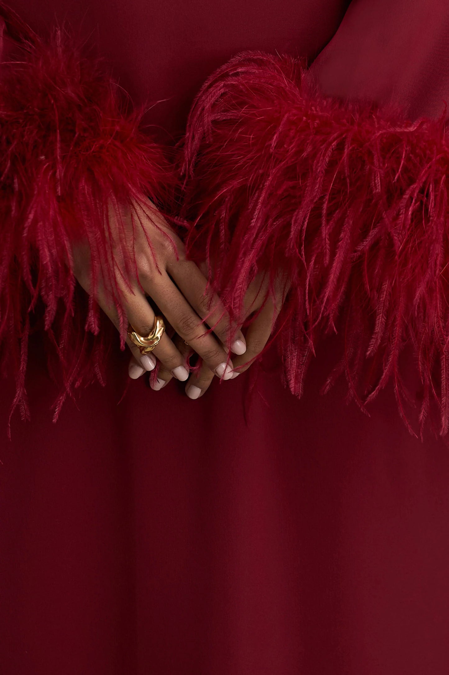 Adella Burgundy Satin Feather-Trim Maxi Dress