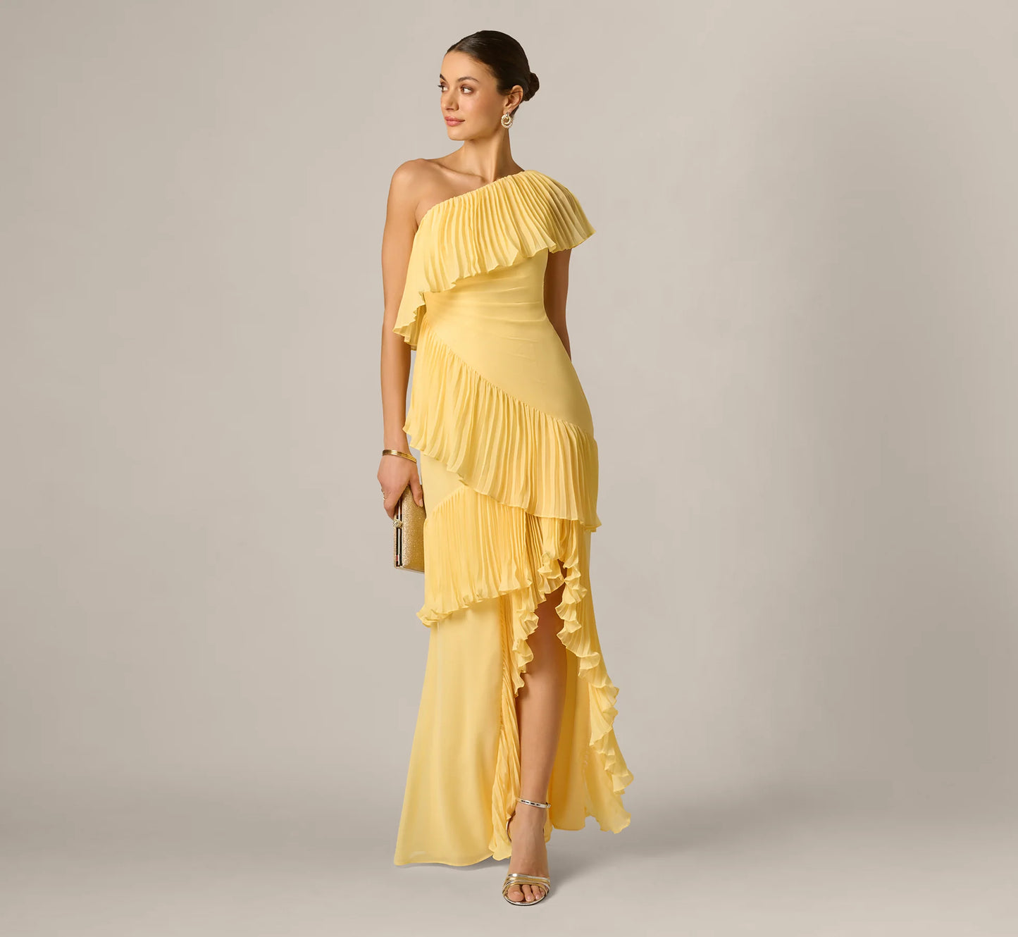 One Shoulder Pleated Flounce High Low Gown In Butter Yellow