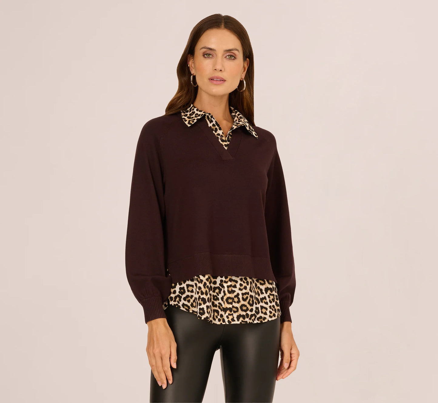 Long Sleeve Collared Printed Twover Sweater In Brownie W  Bengal Cheetah