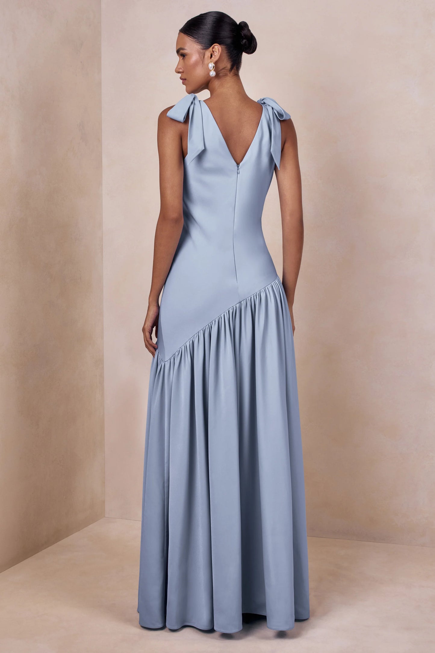 Cala Powder Blue Matte Satin Plunge-Neck Maxi Dress With Bow-Sleeves