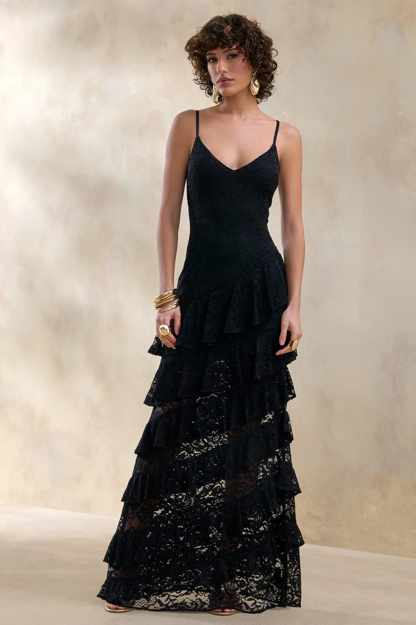 Avelisse Black Lace Plunge-Neck Maxi Dress With Ruffled Detailing