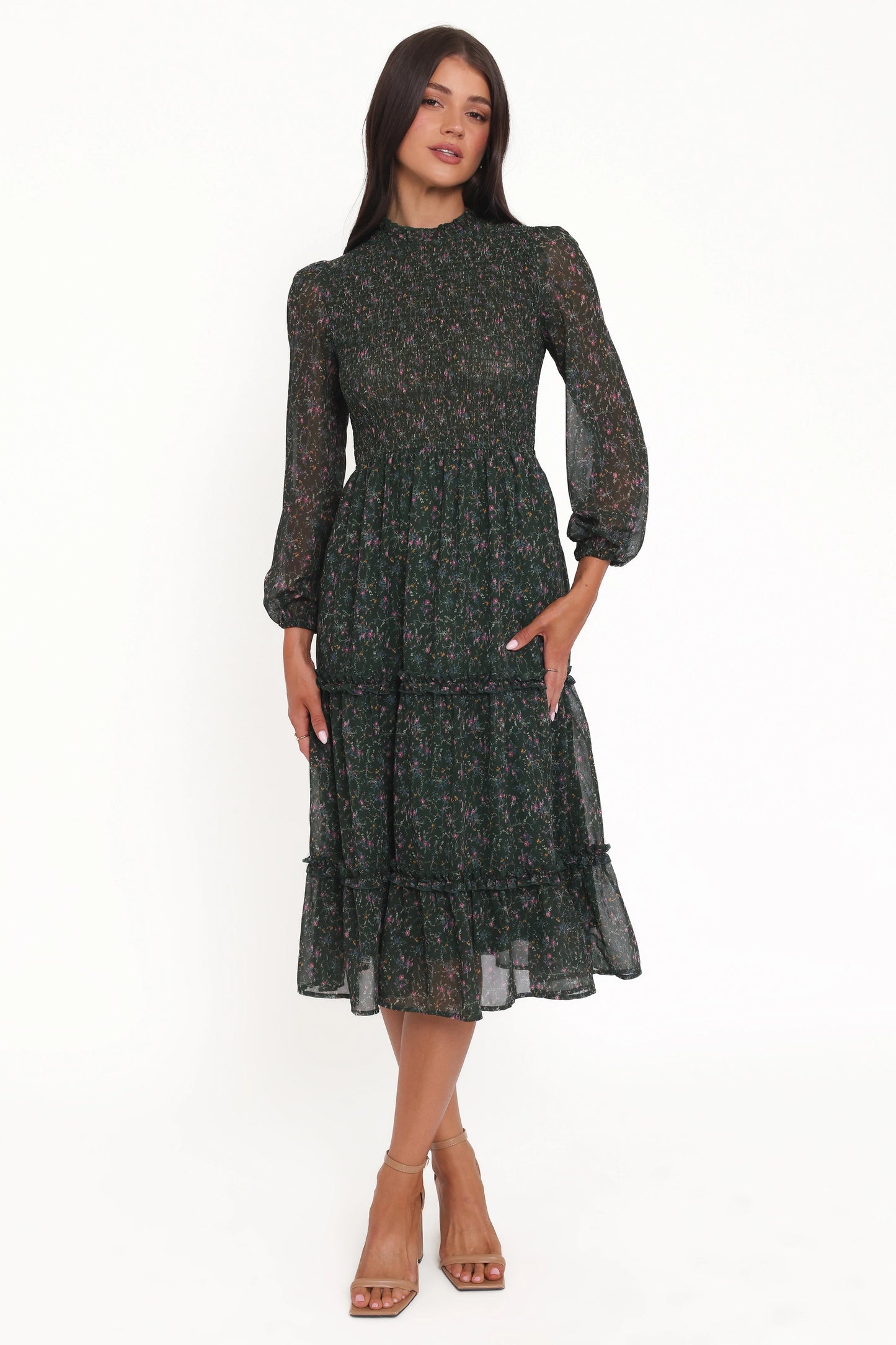 Edwina Shirred Frill Long Sleeve Midi Dress - Olive Floral