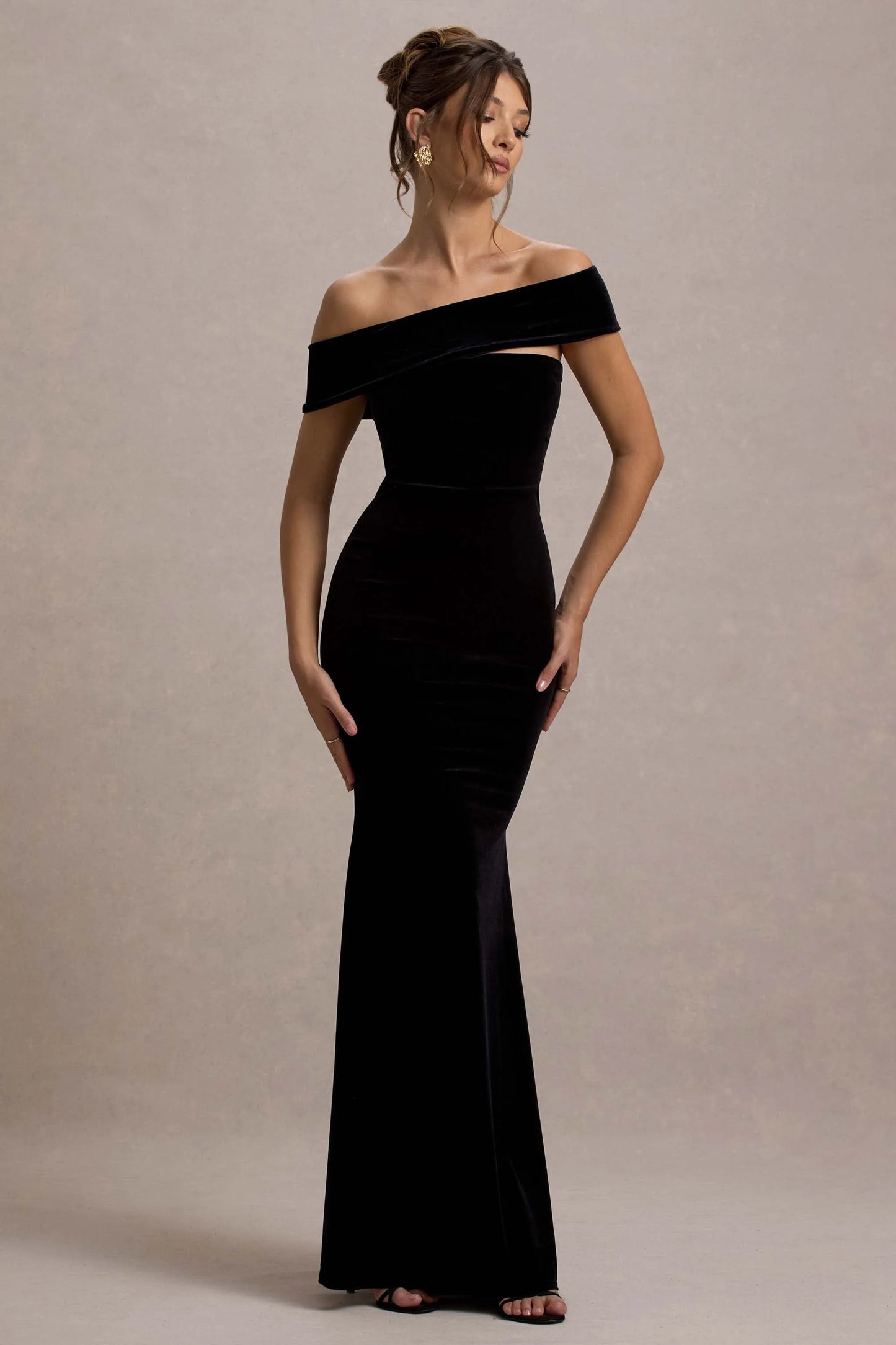 Candela Black Velvet Asymmetric Bardot Maxi Dress