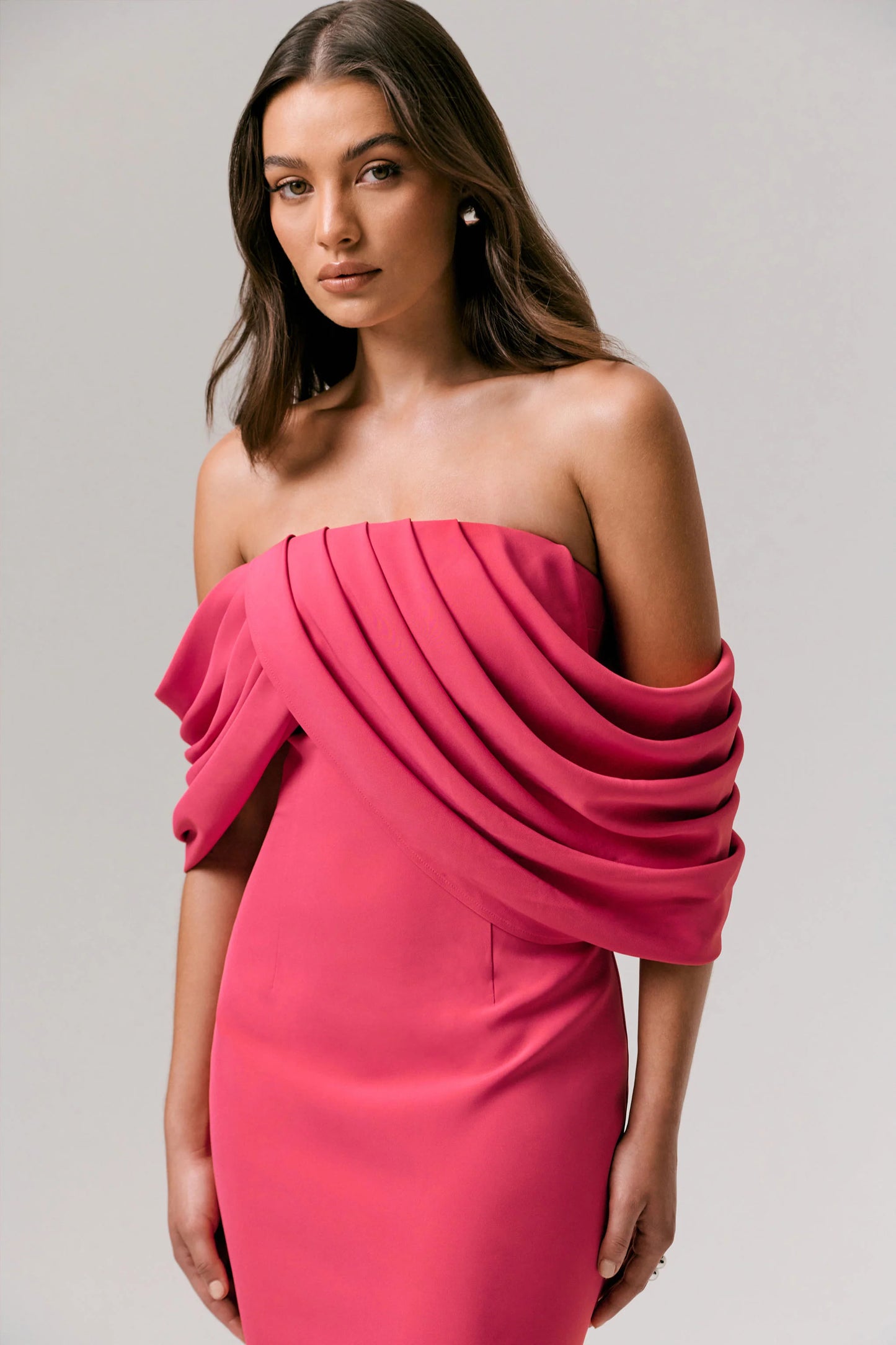 Serene Hot Pink Draped Bardot Maxi Dress