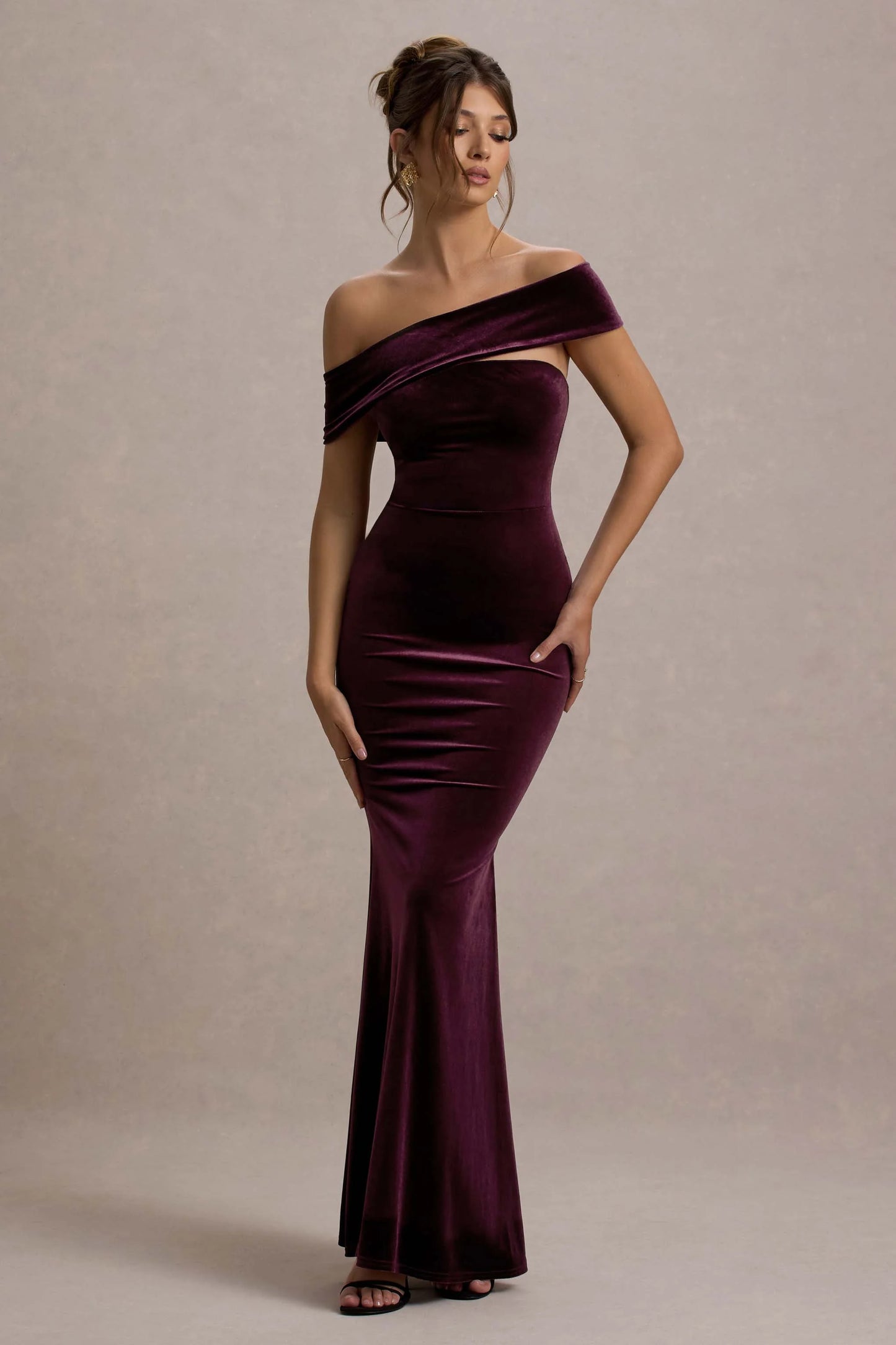 Candela Port Velvet Asymmetric Bardot Maxi Dress