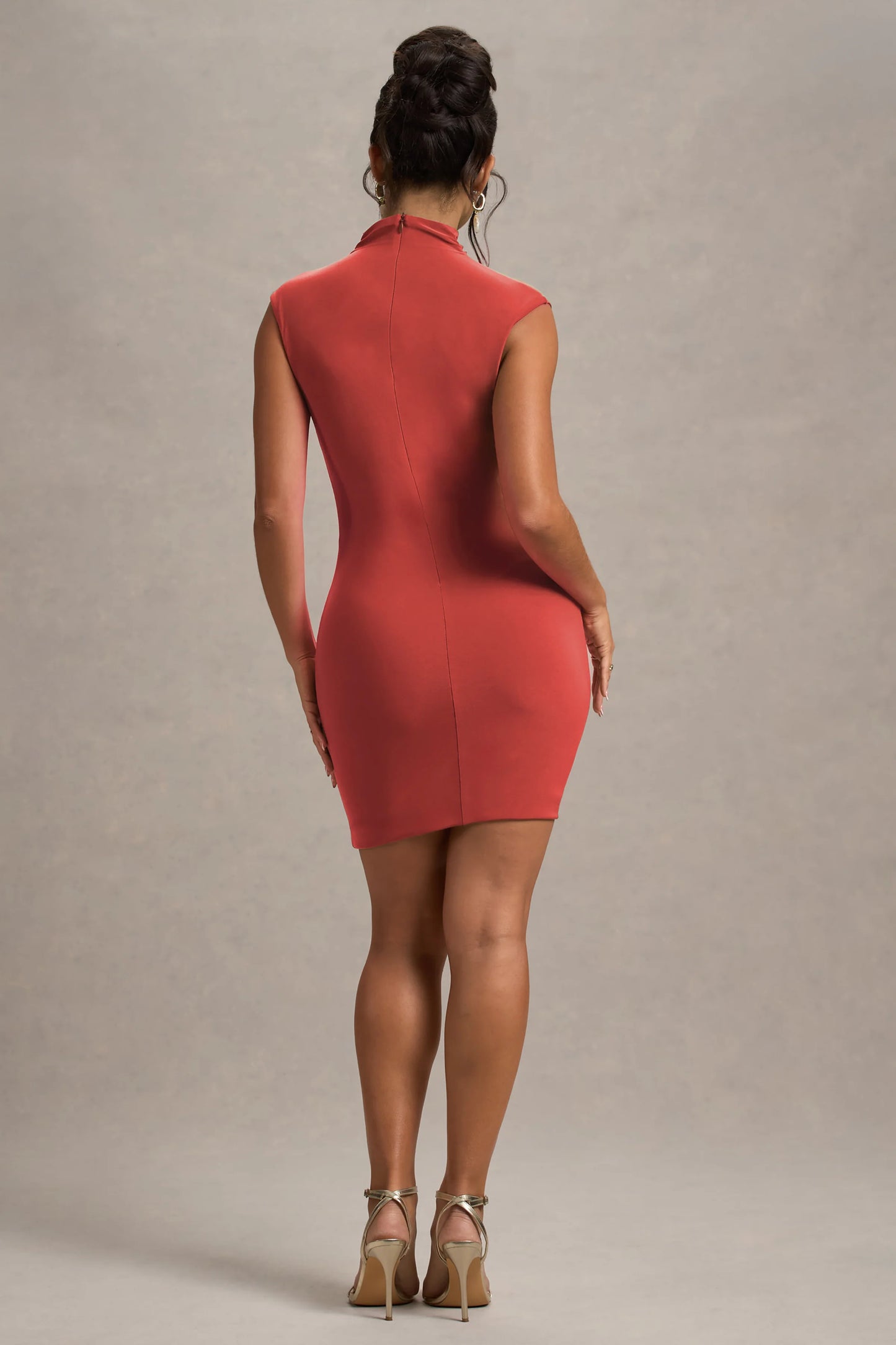 Lalani Rust Ruched High-Neck Mini Dress