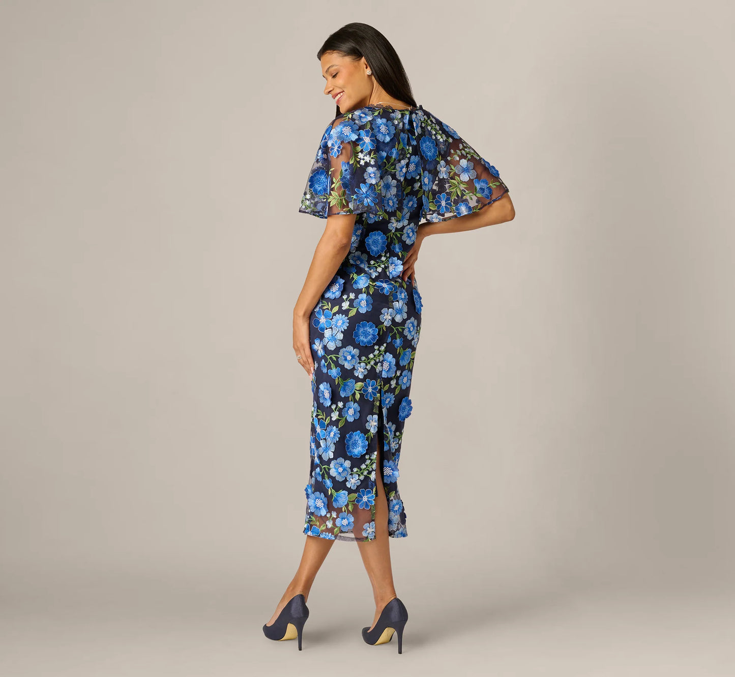 Cape Sleeve Floral Embroidered Midi Dress In Blue Multi