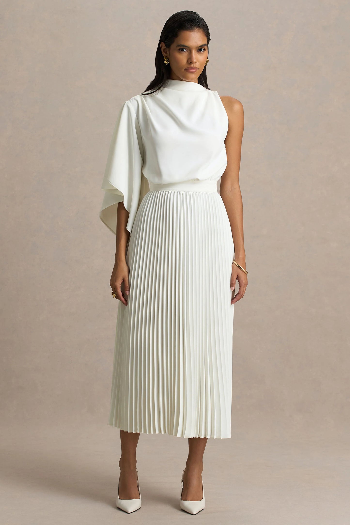 Jimena Cream High-Neck Midi Dress With One-Long Sleeve And Pleated Detailing
