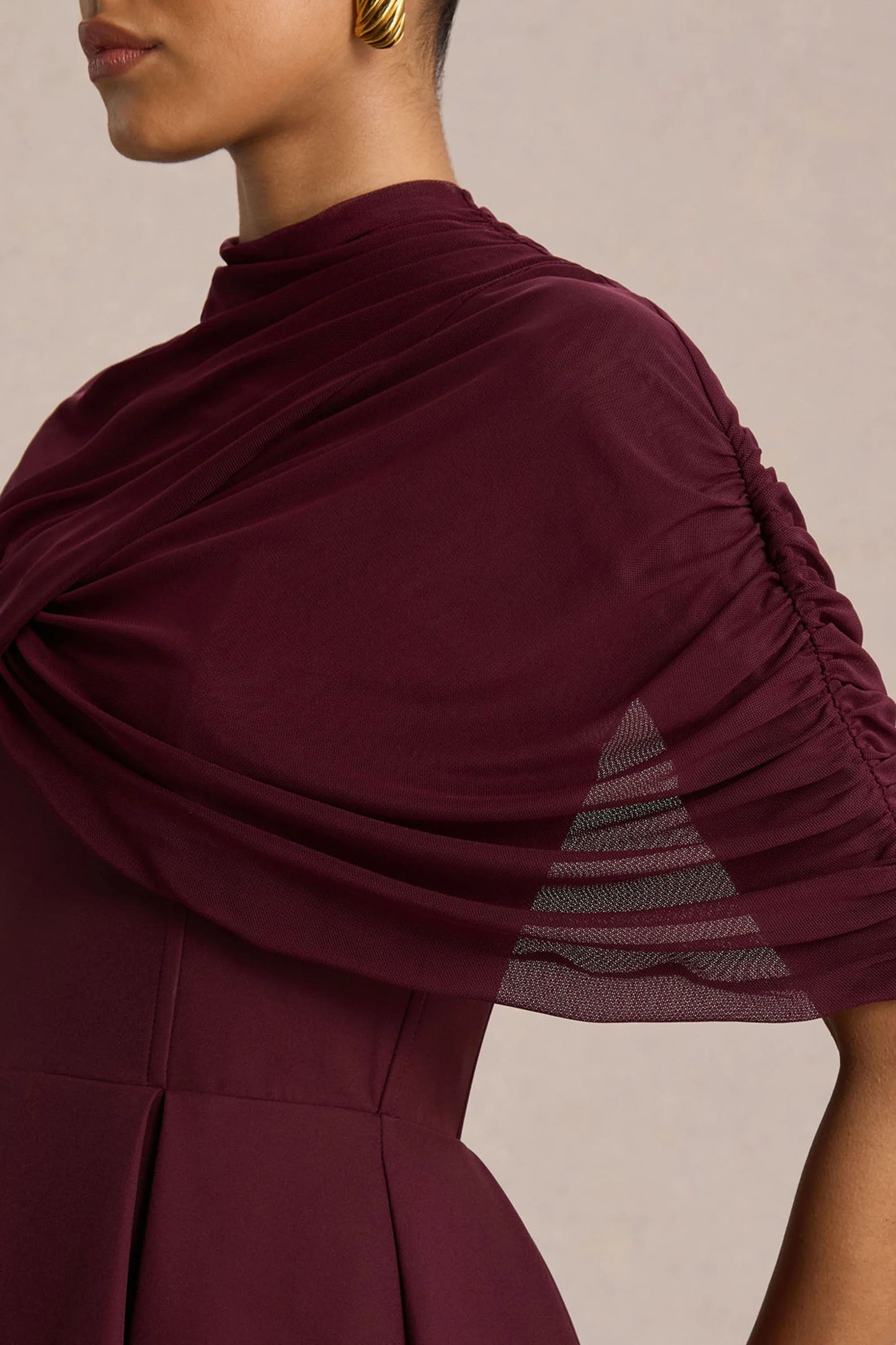 Thalia Burgundy High-Neck Midi Dress With Sheer Mesh Cape