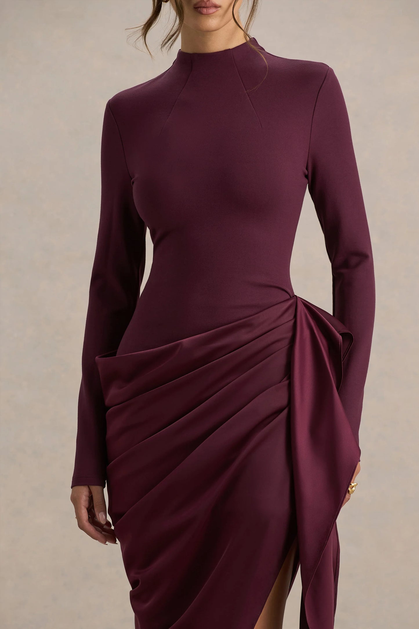 Raffie Plum Long-Sleeve Midi Dress With Satin Wrap Skirt