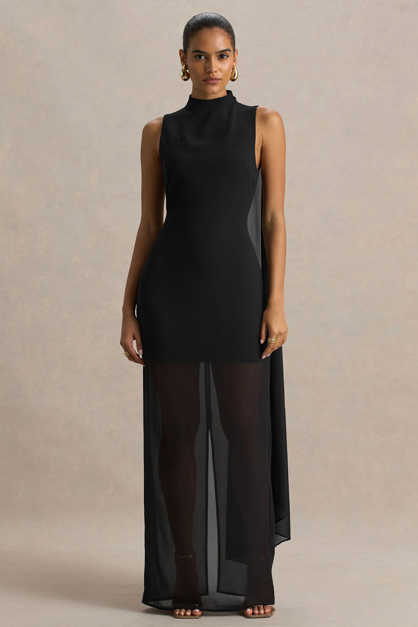 Unpredictable Black High-Neck Maxi Dress With Back Cape Detail