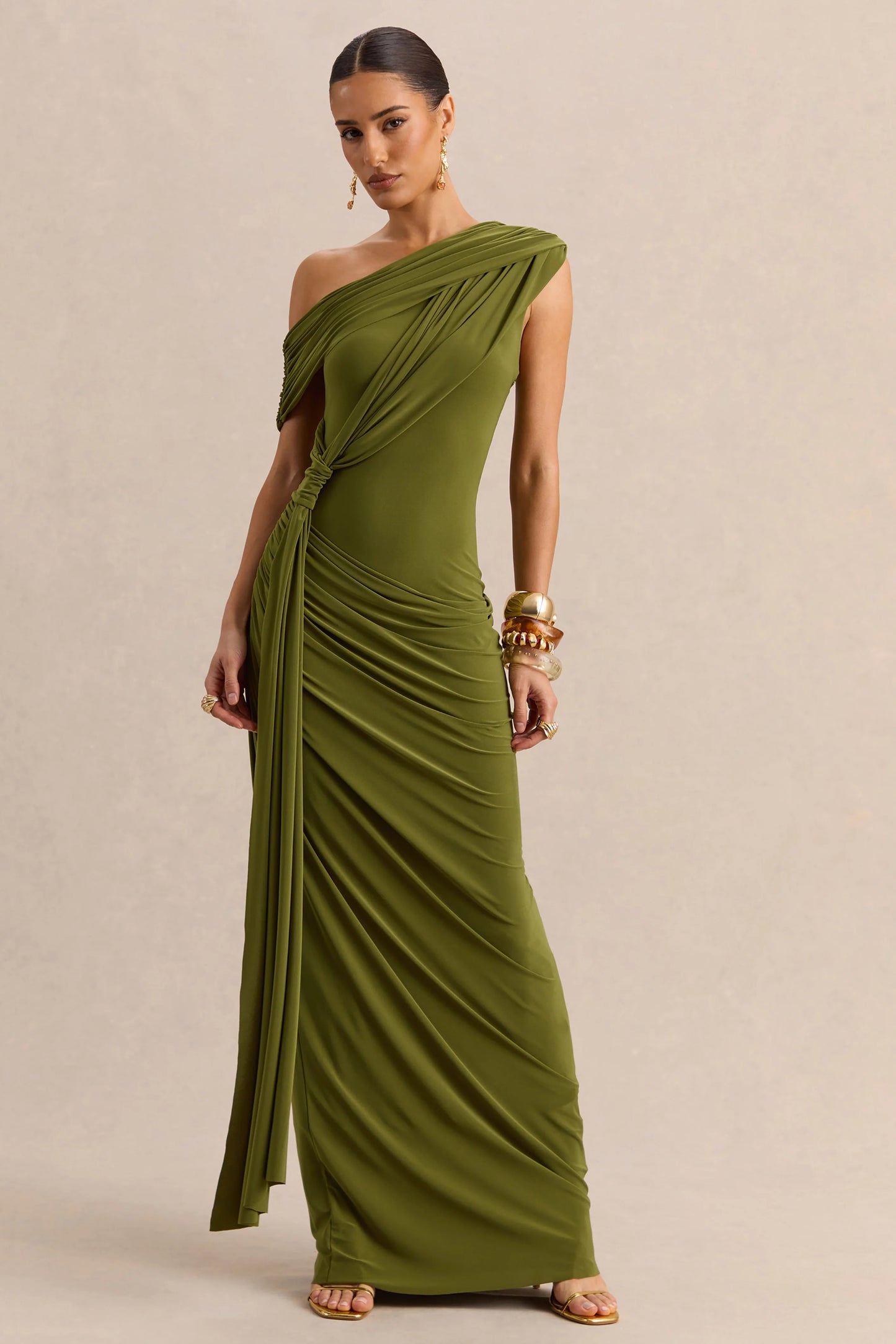 Avialee Green Asymmetric-Neck Maxi Dress With Gathered-Detailing And Sash