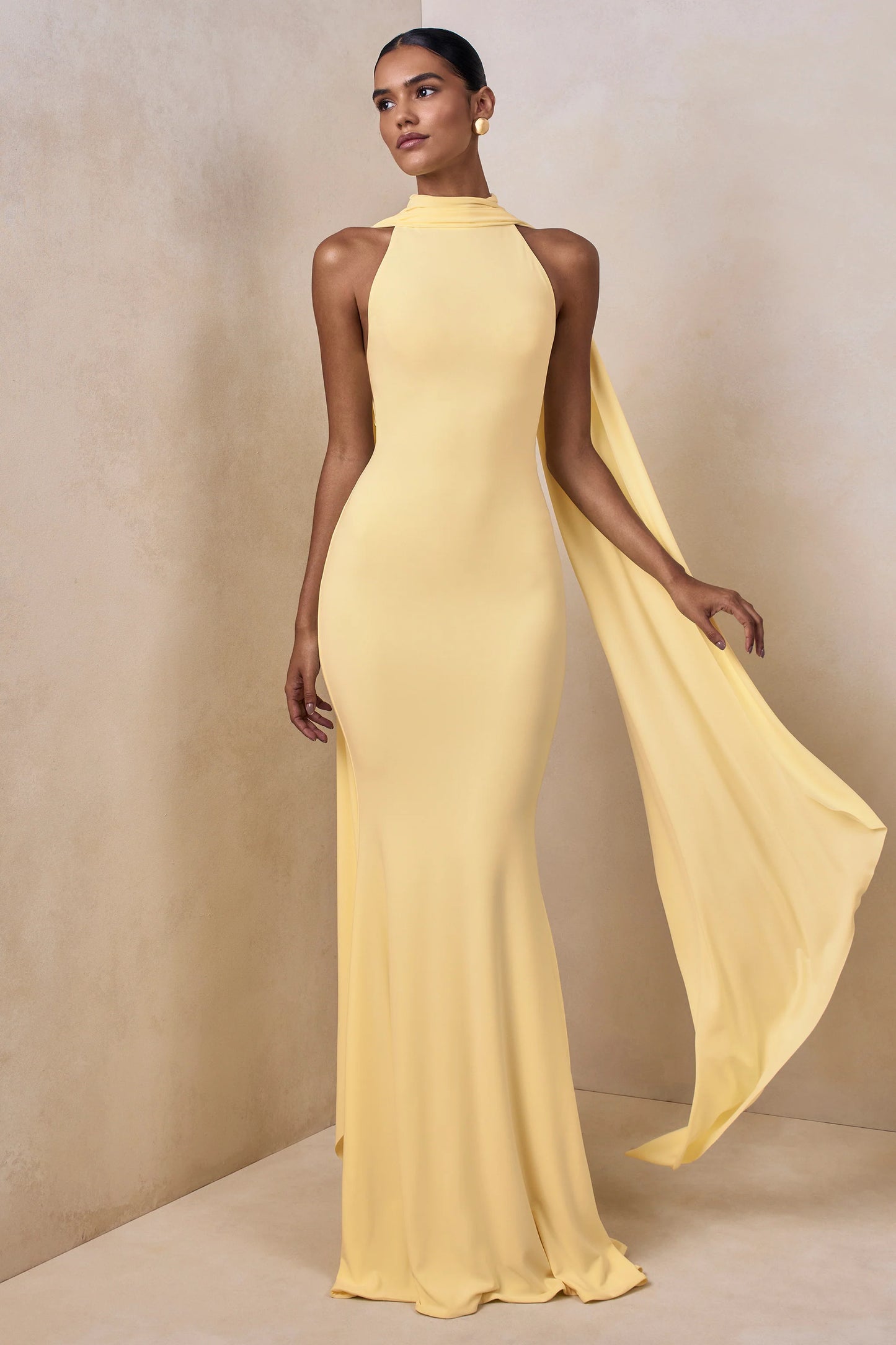 Cordy Lemon High-Neck Maxi Dress With Cape