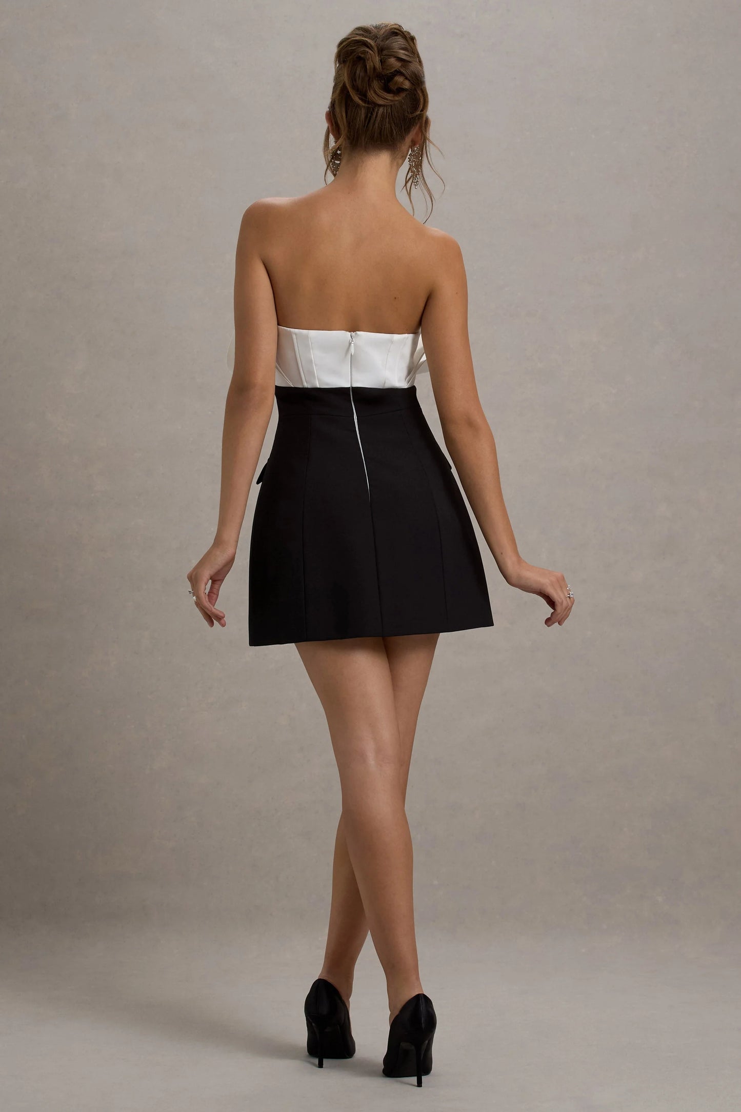 Clare Black & White Ruffled Strapless Tailored Mini Dress
