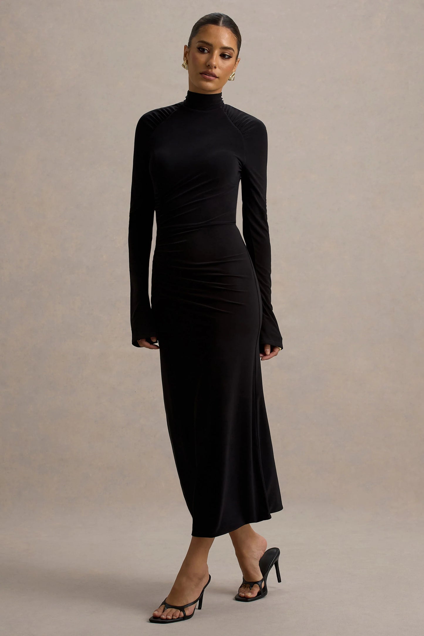 Cassandra Black High-Neck Long-Sleeve Midi Dress