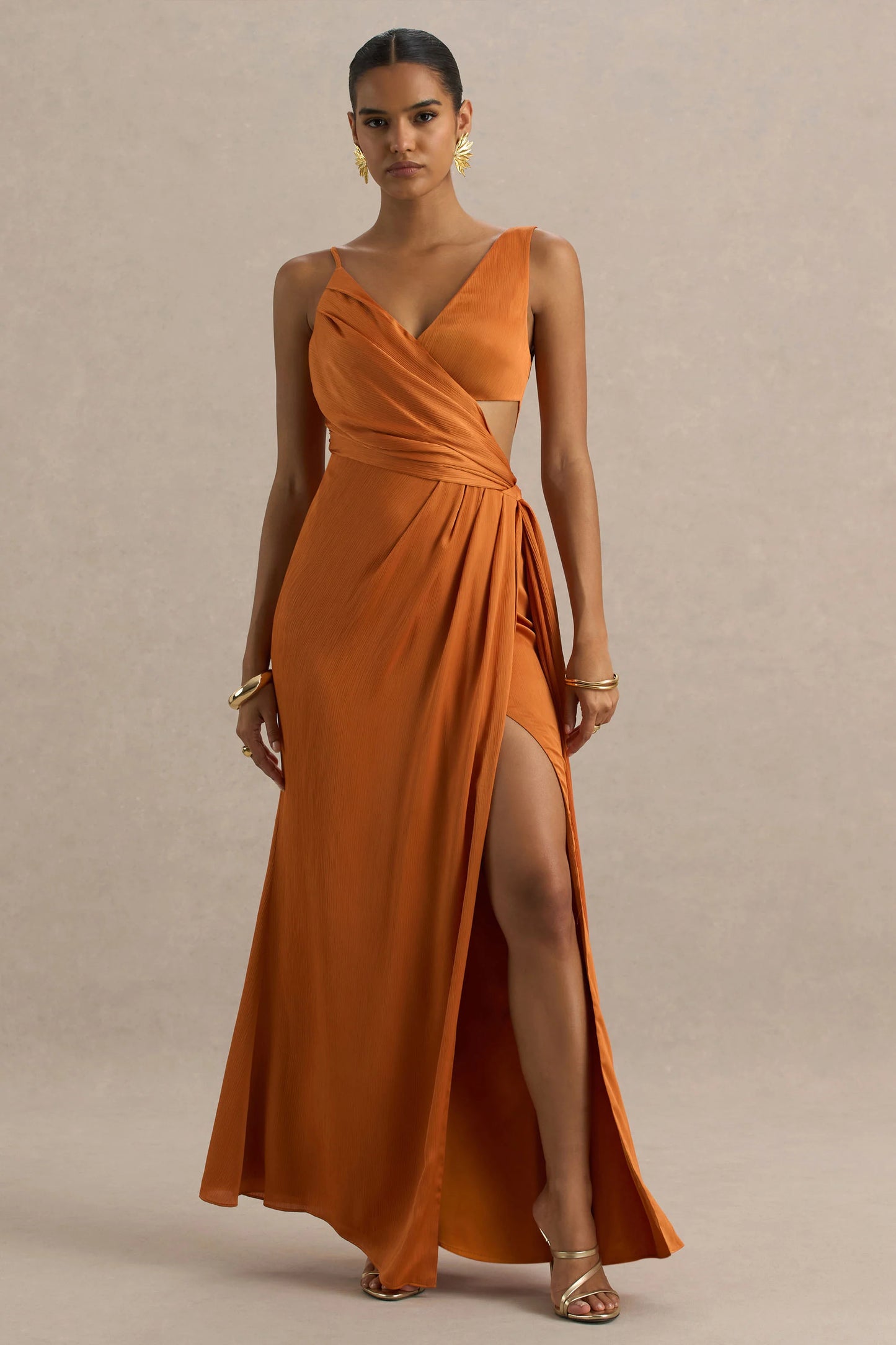 Livia Orange Plunge-Neck Fishtail Maxi Dress