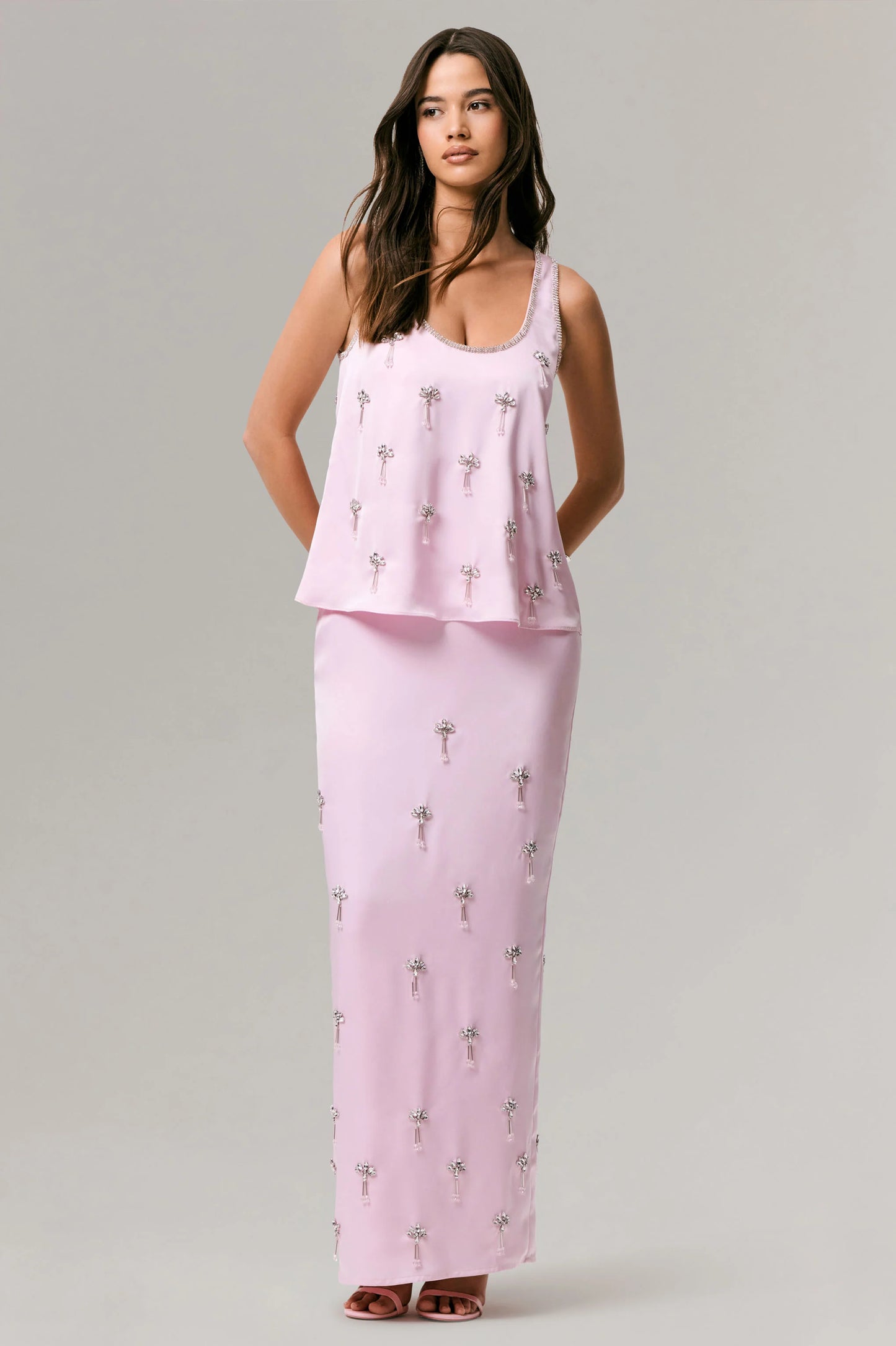 Lena Pink Satin Embellished Maxi Skirt
