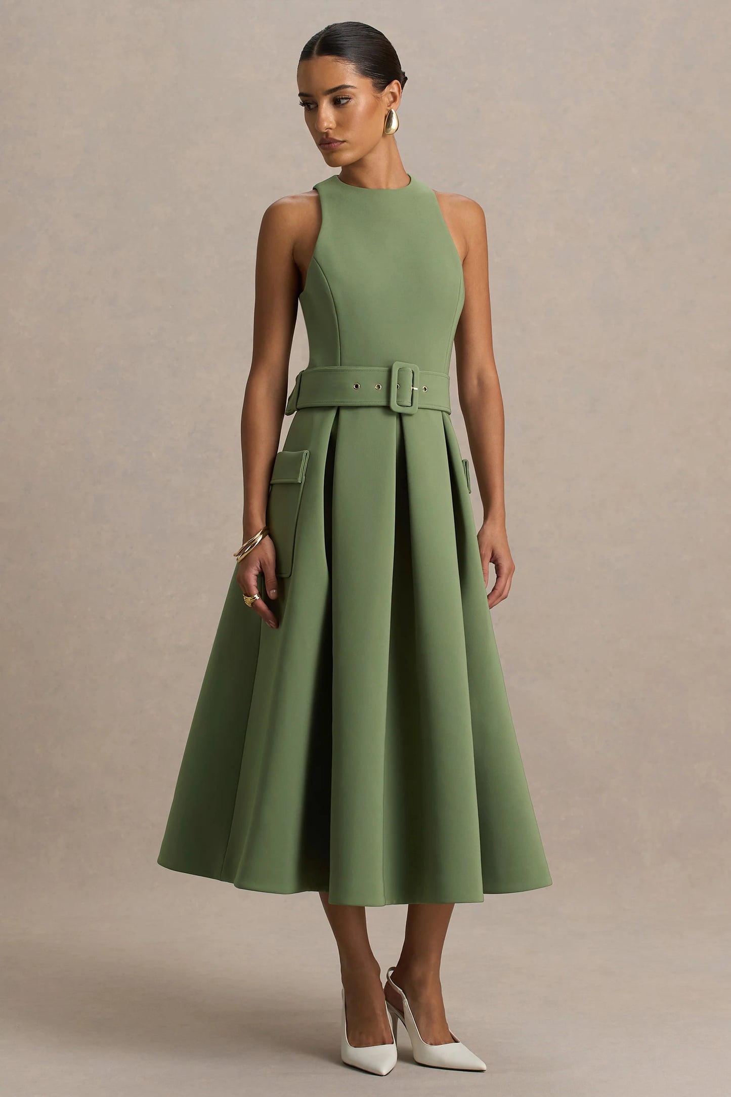 Elisia Olive Crew-Neck Belted Midi Dress