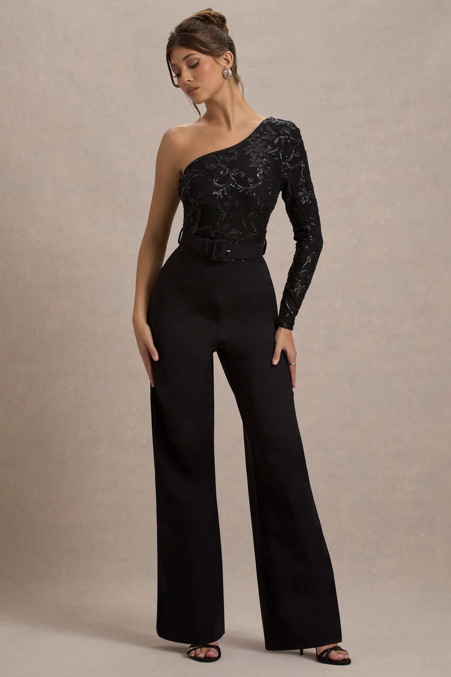 Upgrade Black Lace Asymmetric Belted Wide-Leg Jumpsuit