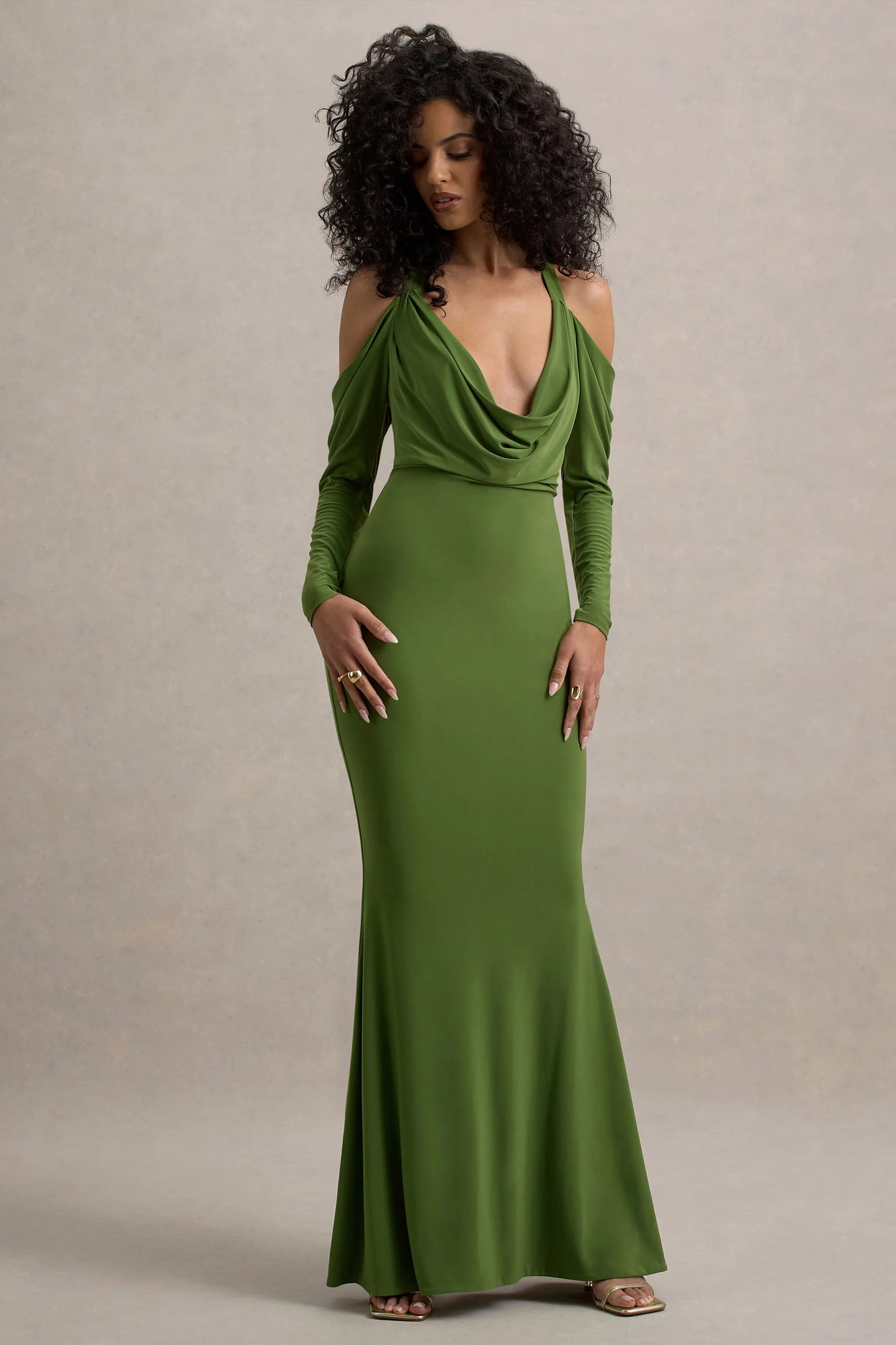 Hurghada Green Plunge-Neck Long-Sleeve Maxi Dress