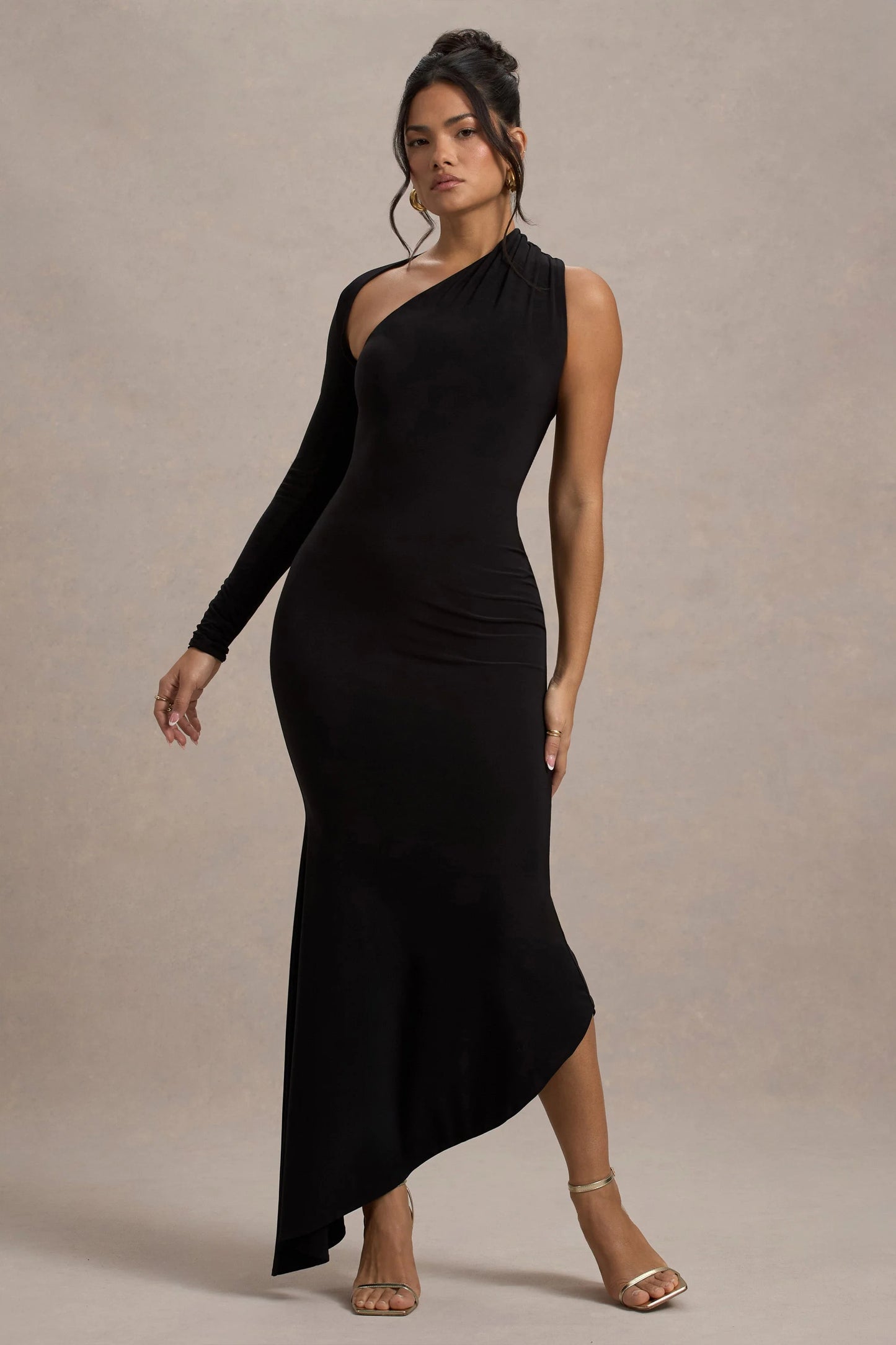Orsa Black One-Shoulder Asymmetric Maxi Dress