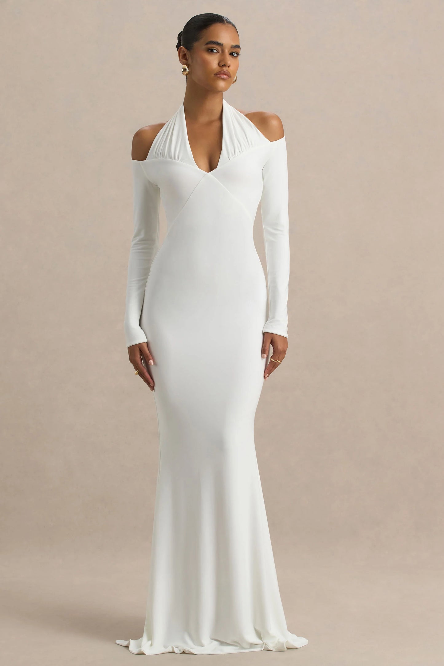 Living High White Halter-Neck Maxi Dress With Long Sleeves