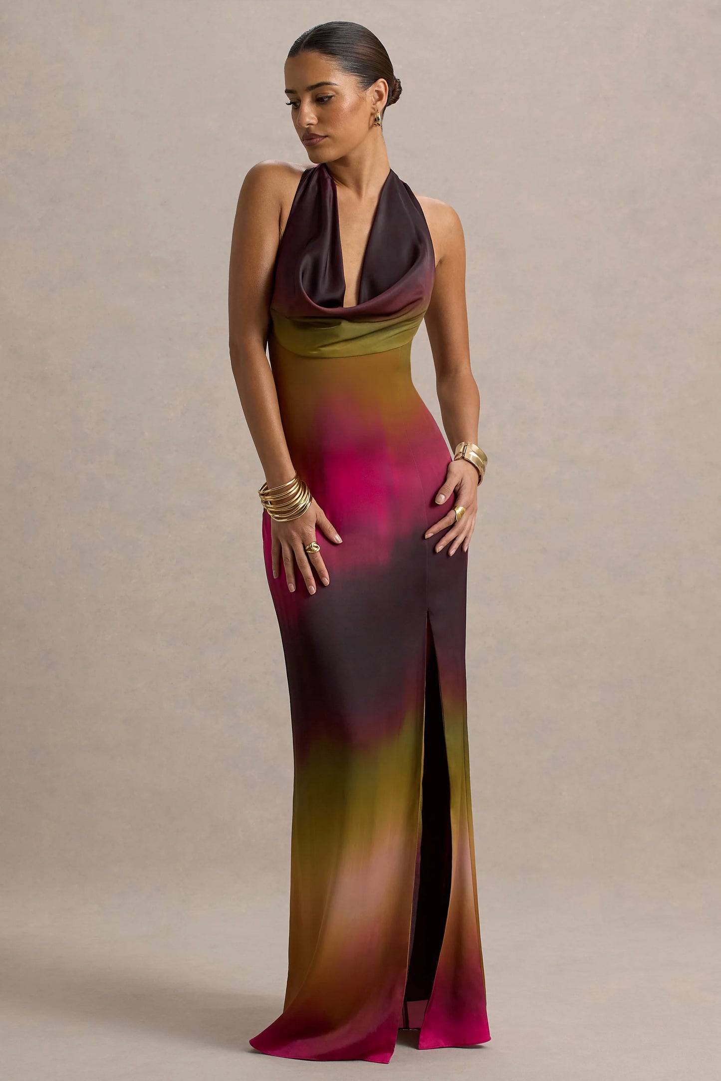 Fiorella Ombre Print Cowl-Neck Split Maxi Dress