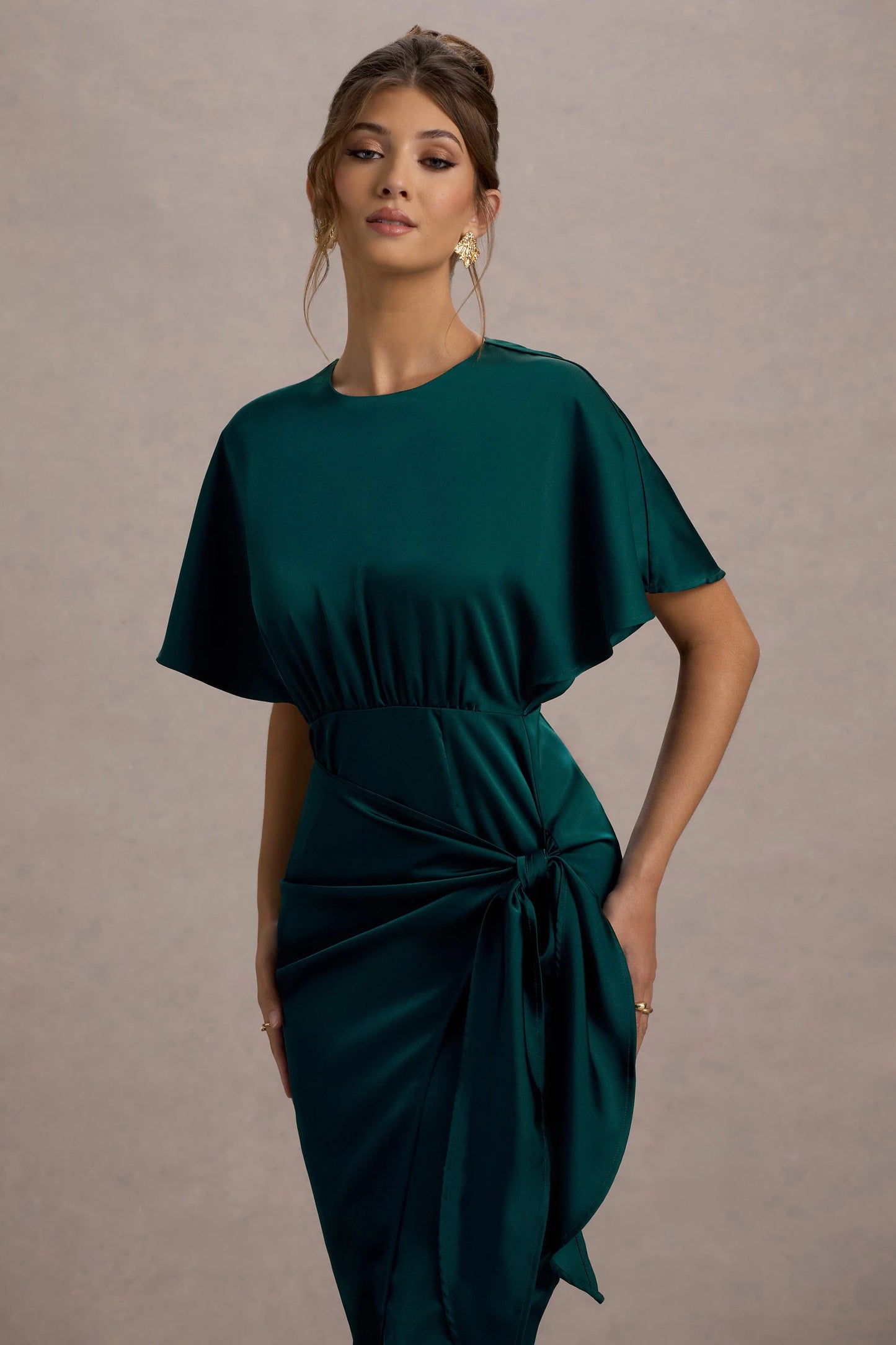 Mika Bottle Green Satin Short-Sleeve Wrap Maxi Dress
