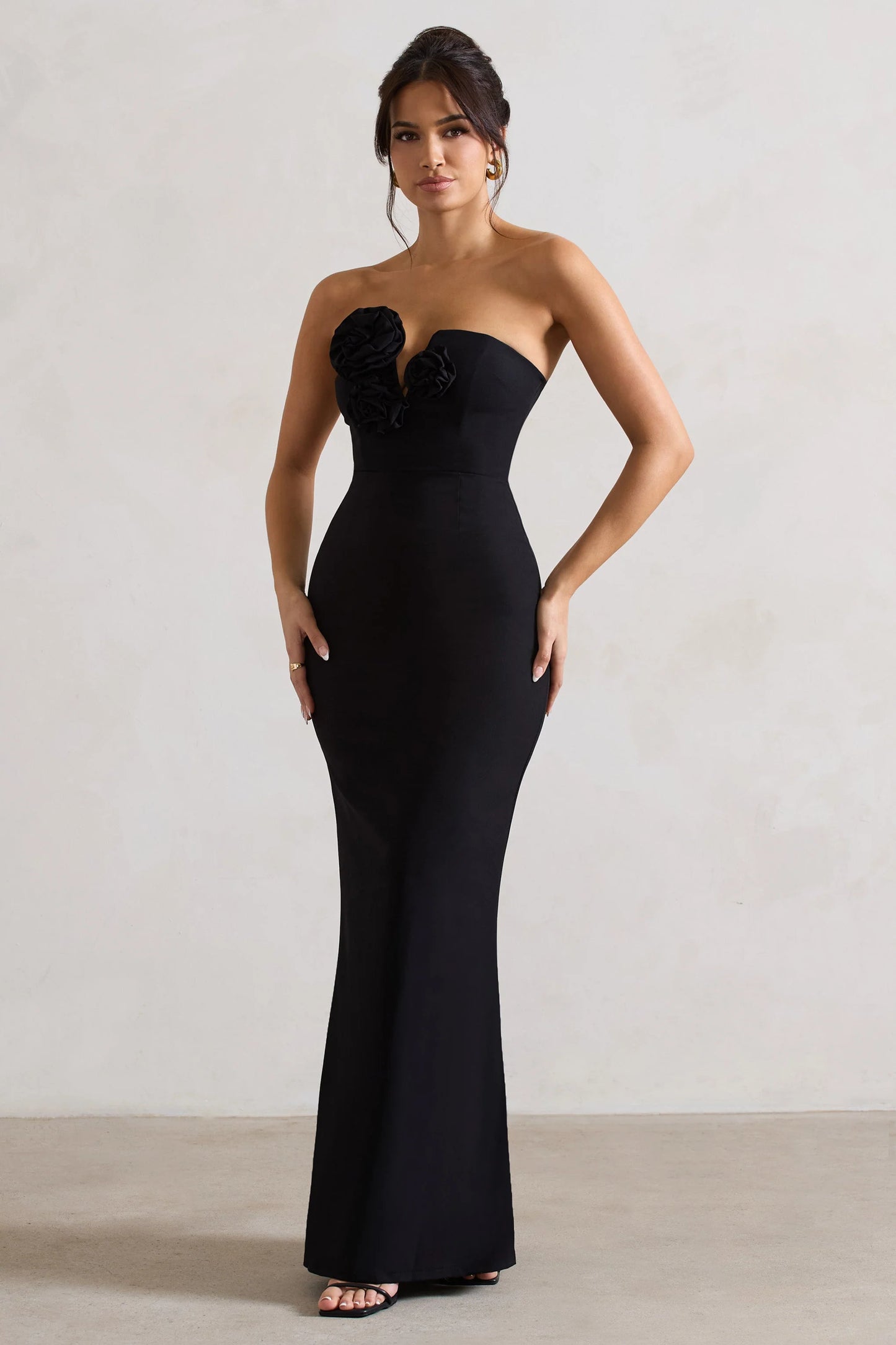 Enticed Black Strapless V-Neck Maxi Dress With Flowers