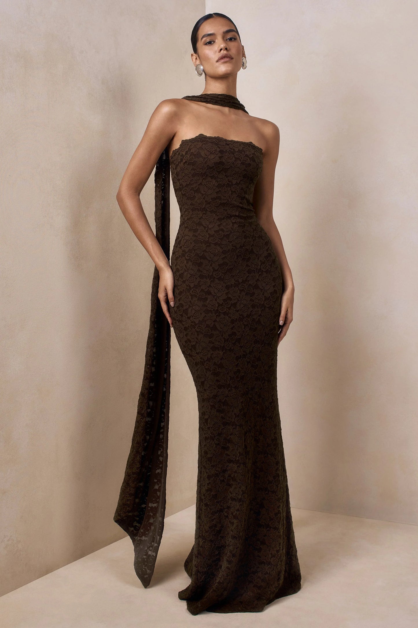 Massima Brown Lace Bandeau Maxi Dress With Scarf-Detail