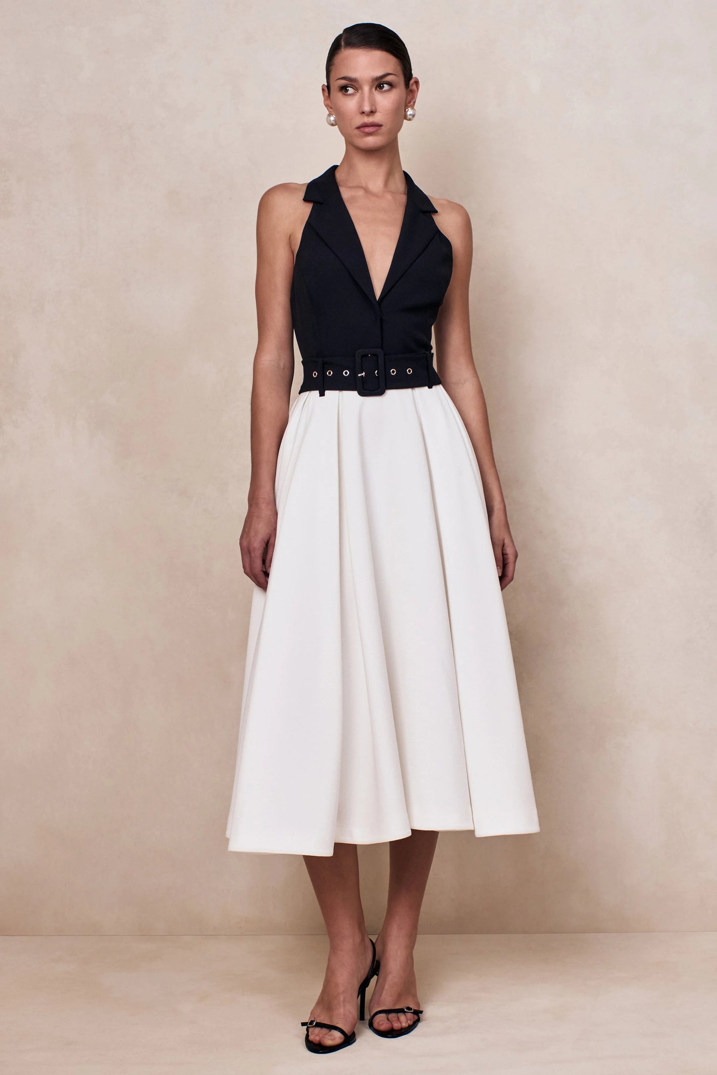 Alessa Black & White Plunge-Neck Tailored Midi Dress