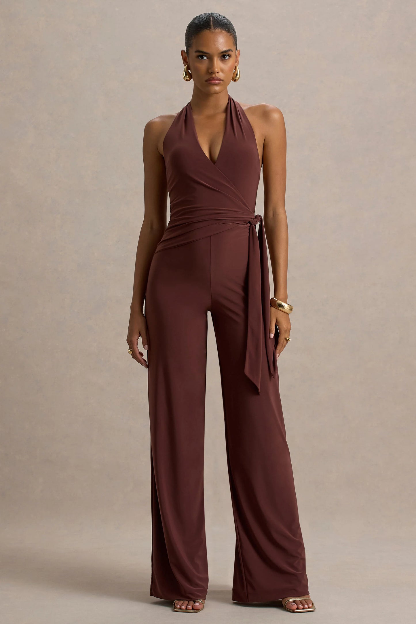 Marlais Chocolate Plunge-Neck Jumpsuit With Tie-Waist