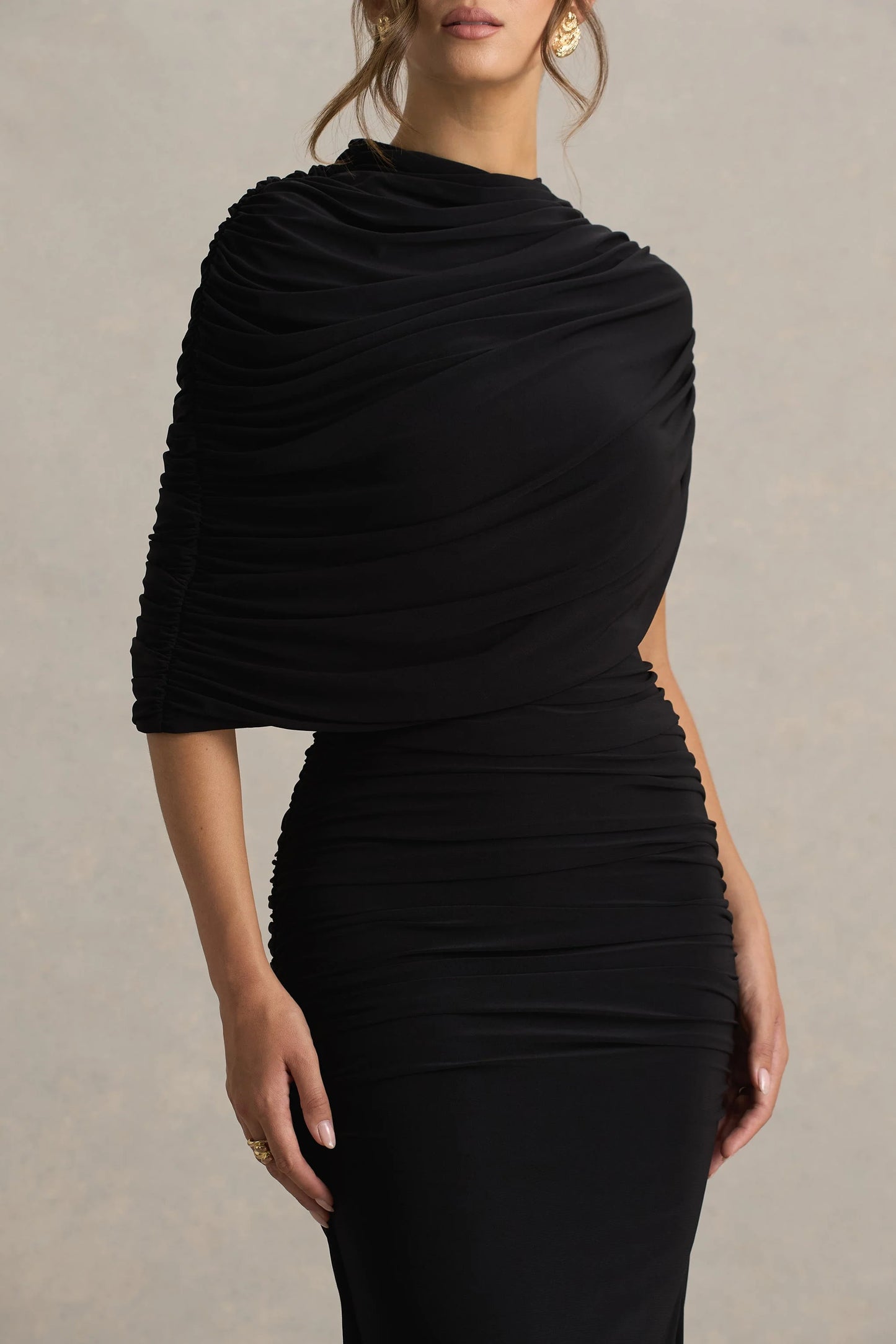Glitz Black High-Neck Maxi Dress With Cape Sleeve and Ruched Detail