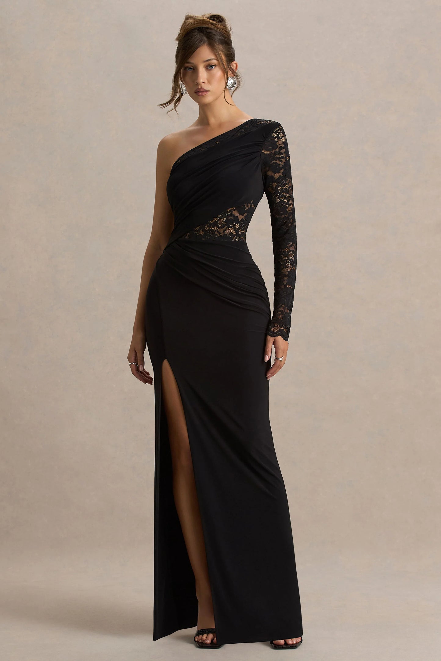Melody Black Asymmetric-Neck Maxi Dress With Lace Detailing And Front-High Split