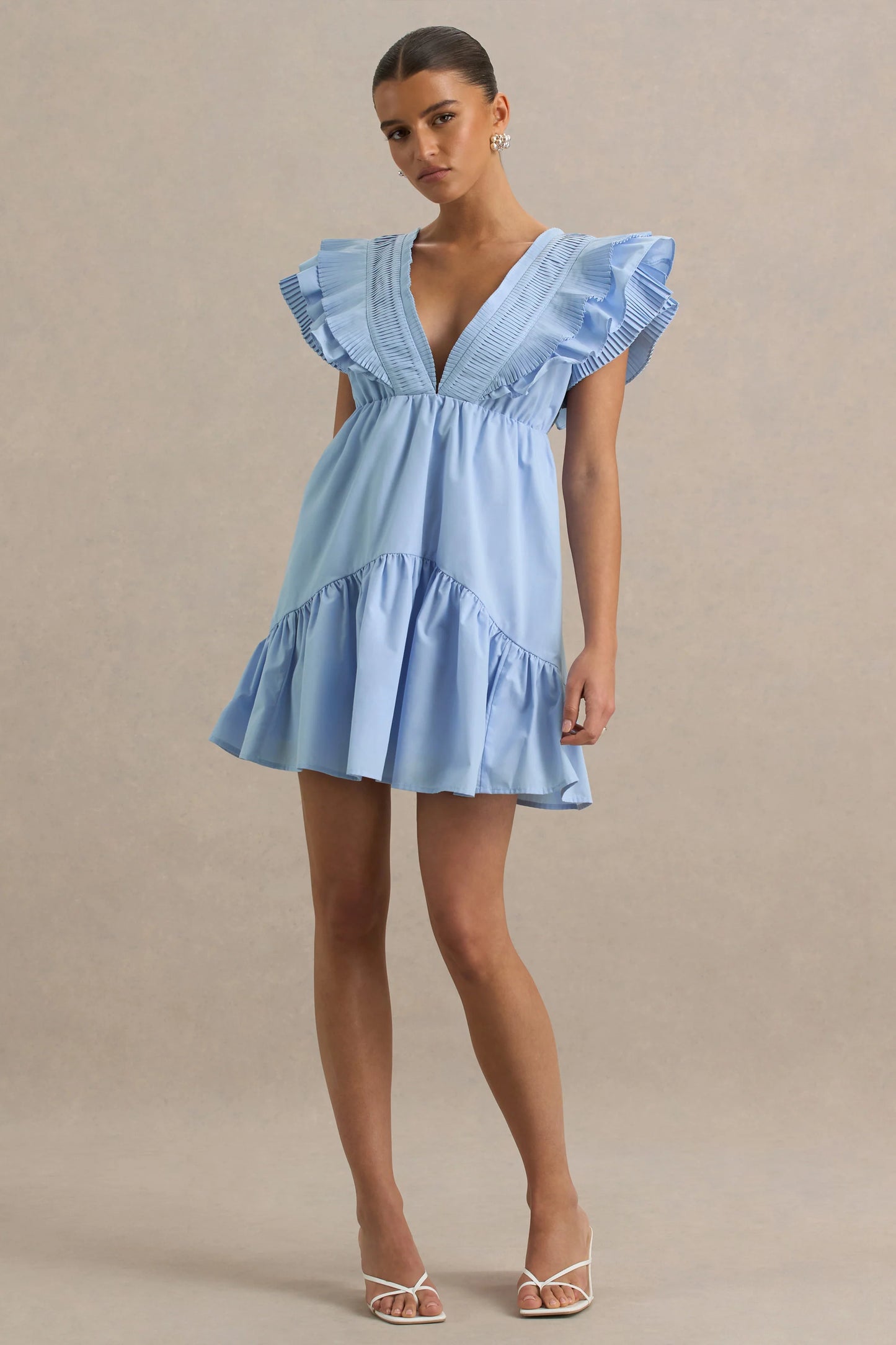 Judie Blue Poplin V-Neck Ruffled Mini Dress