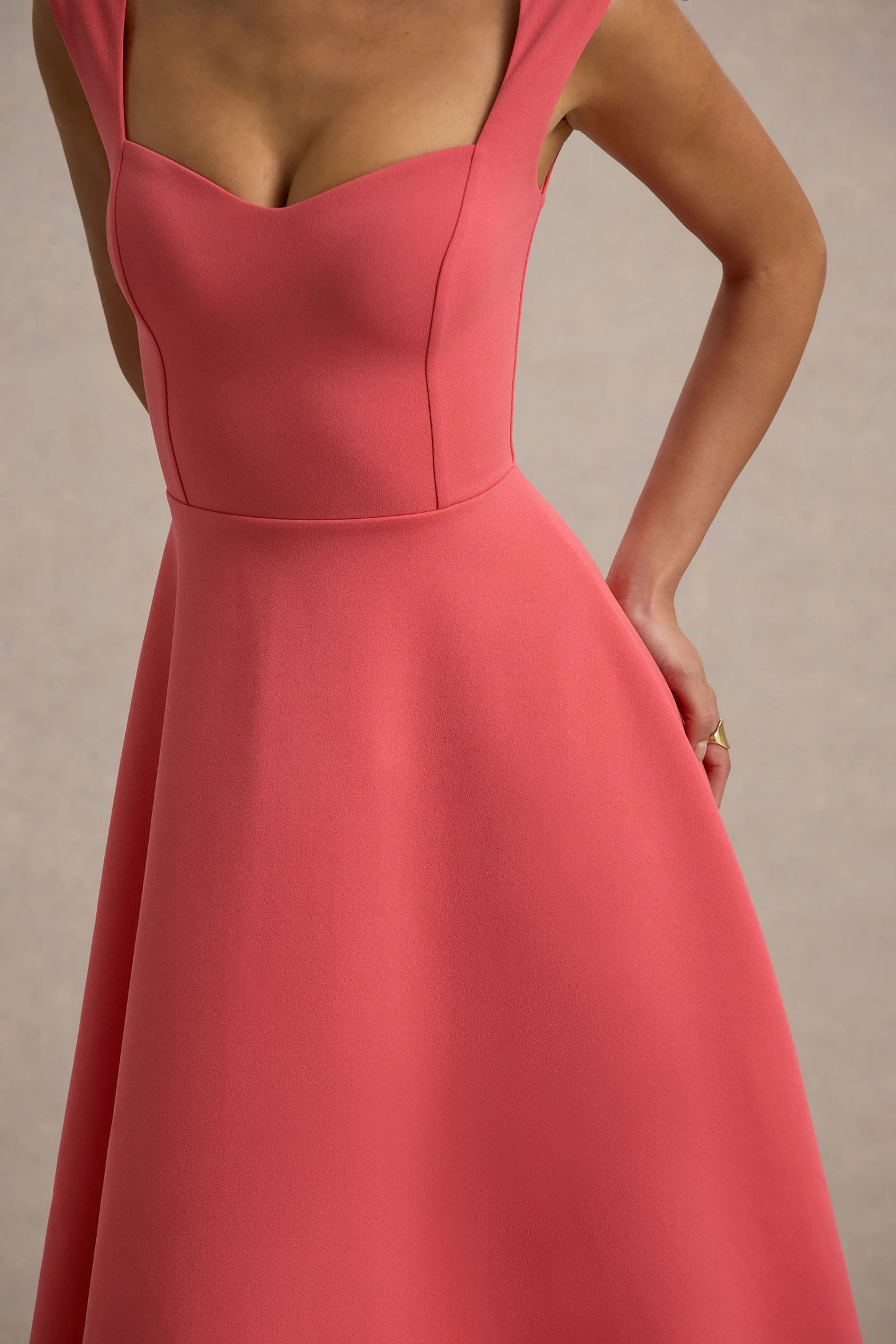 Andromeda Coral Sweetheart-Neck Midi Dress
