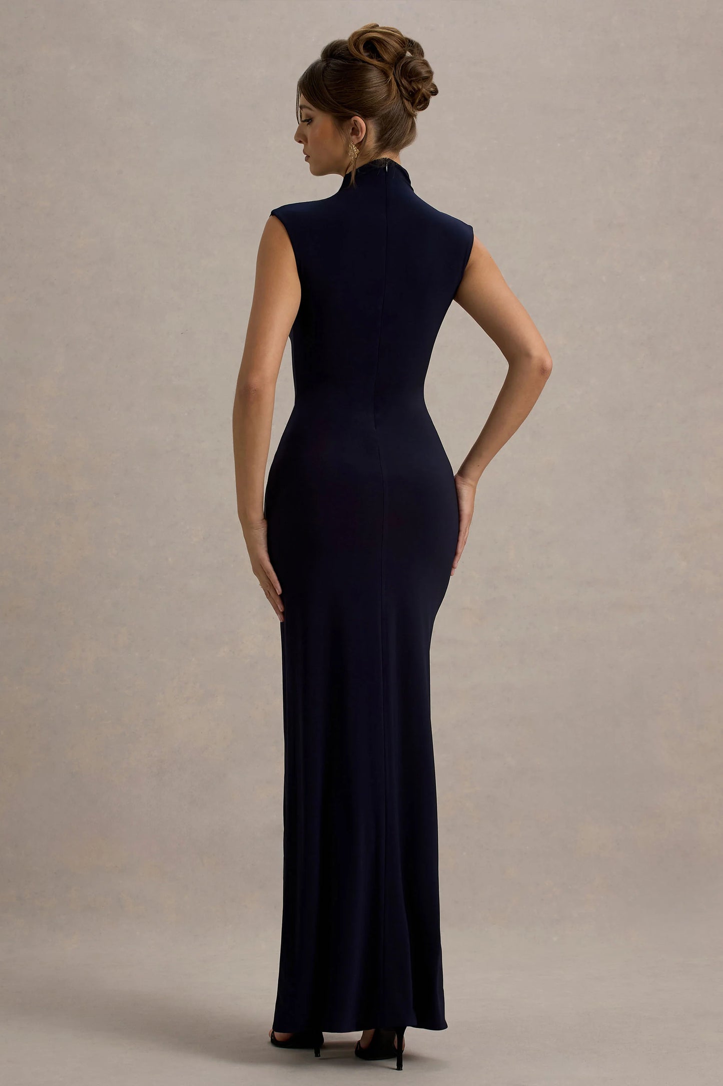 Lanetta Navy Ruched High-Neck Maxi Dress With Split