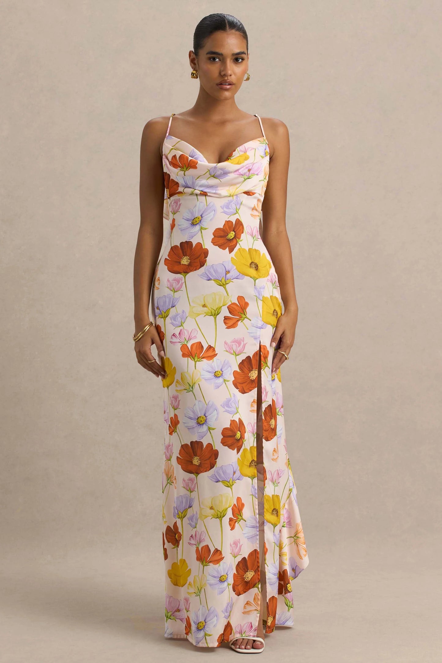 Thames Bright Floral Print Satin Cowl-Neck Maxi Dress