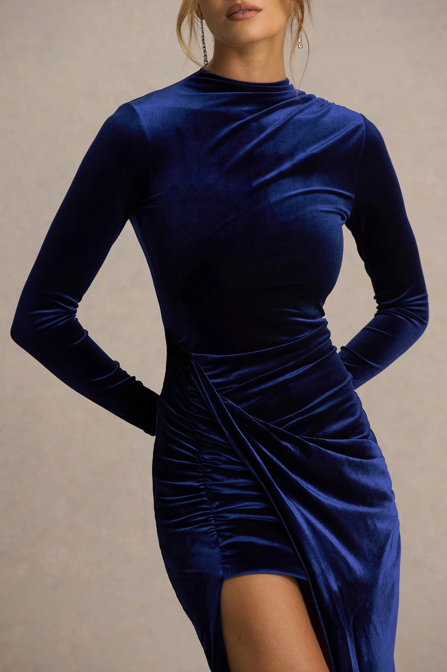 Wishes Navy Velvet High-Neck Maxi Dress With Wrap Skirt