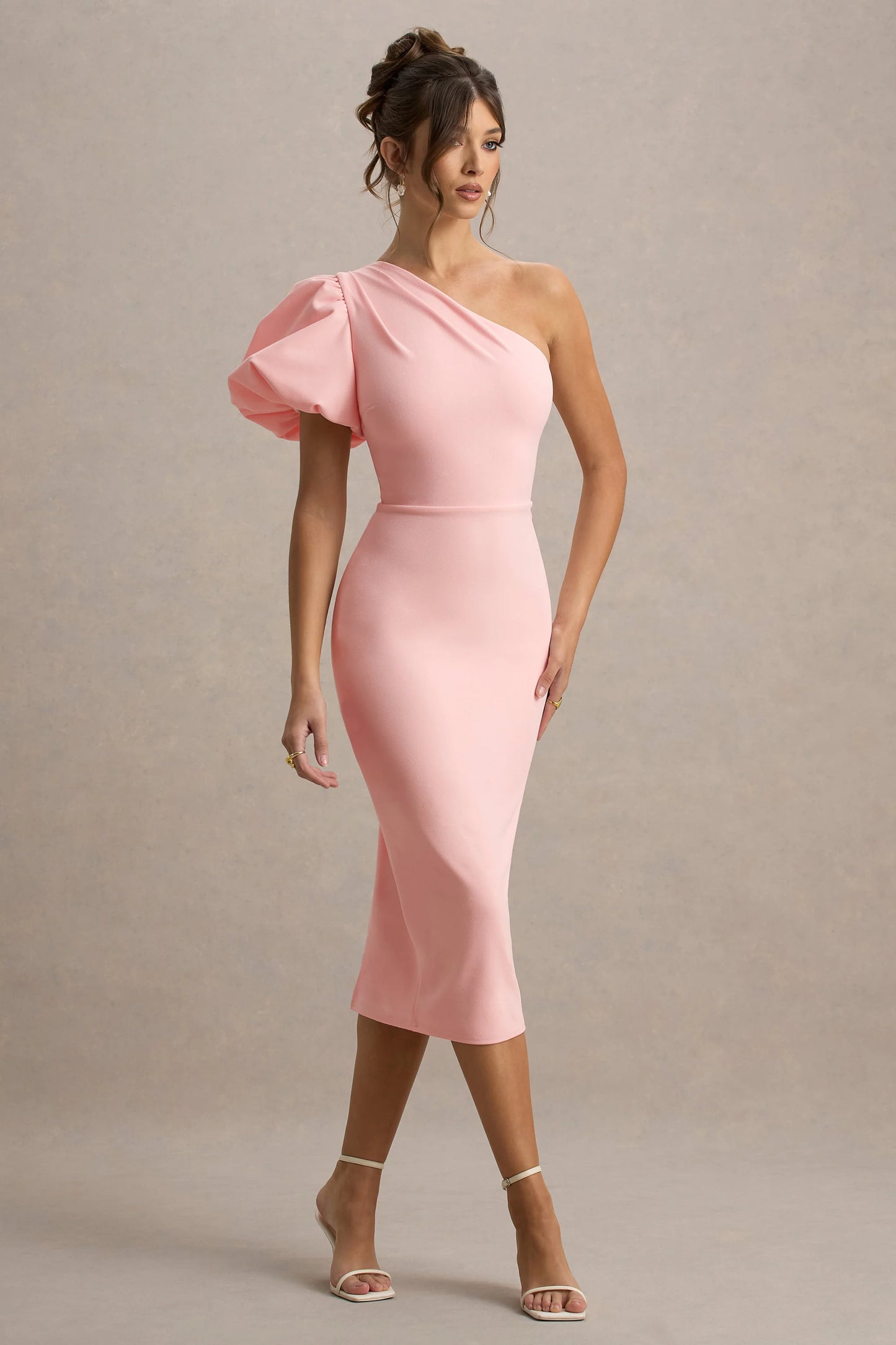 Aimee Pink Asymmetric Puff-Sleeve Midi Dress