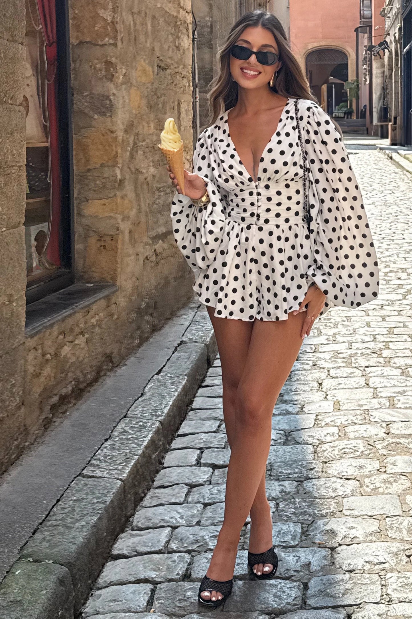 Laurel White Polka Dot V-Neck Balloon Sleeve Playsuit
